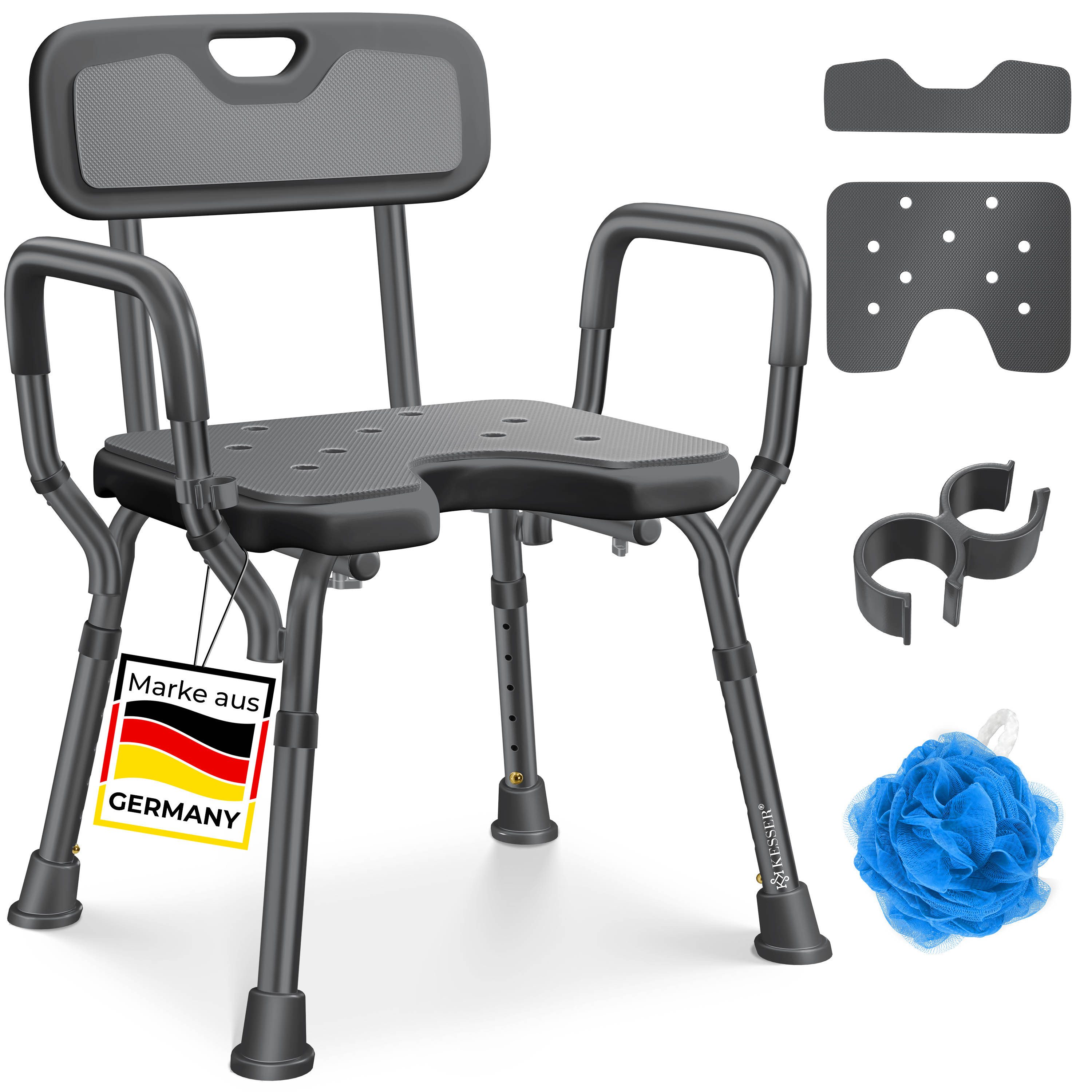 KESSER Badhocker Duschhocker mit Lehne höhenverstellbar in 6 Stufen 38-54cm (Duschstuhl mit Brausehalterung, Anti-Rutsch Füße & Matten), Duschsitz 150KG belastbar Duschhilfe Senioren & Schwangere