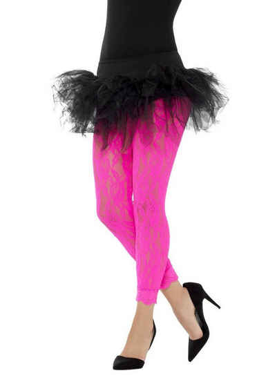 Smiffys Kostüm Spitzen-Leggings neon-pink, 80er Jahre Leggings mit floralem Spitzenmuster