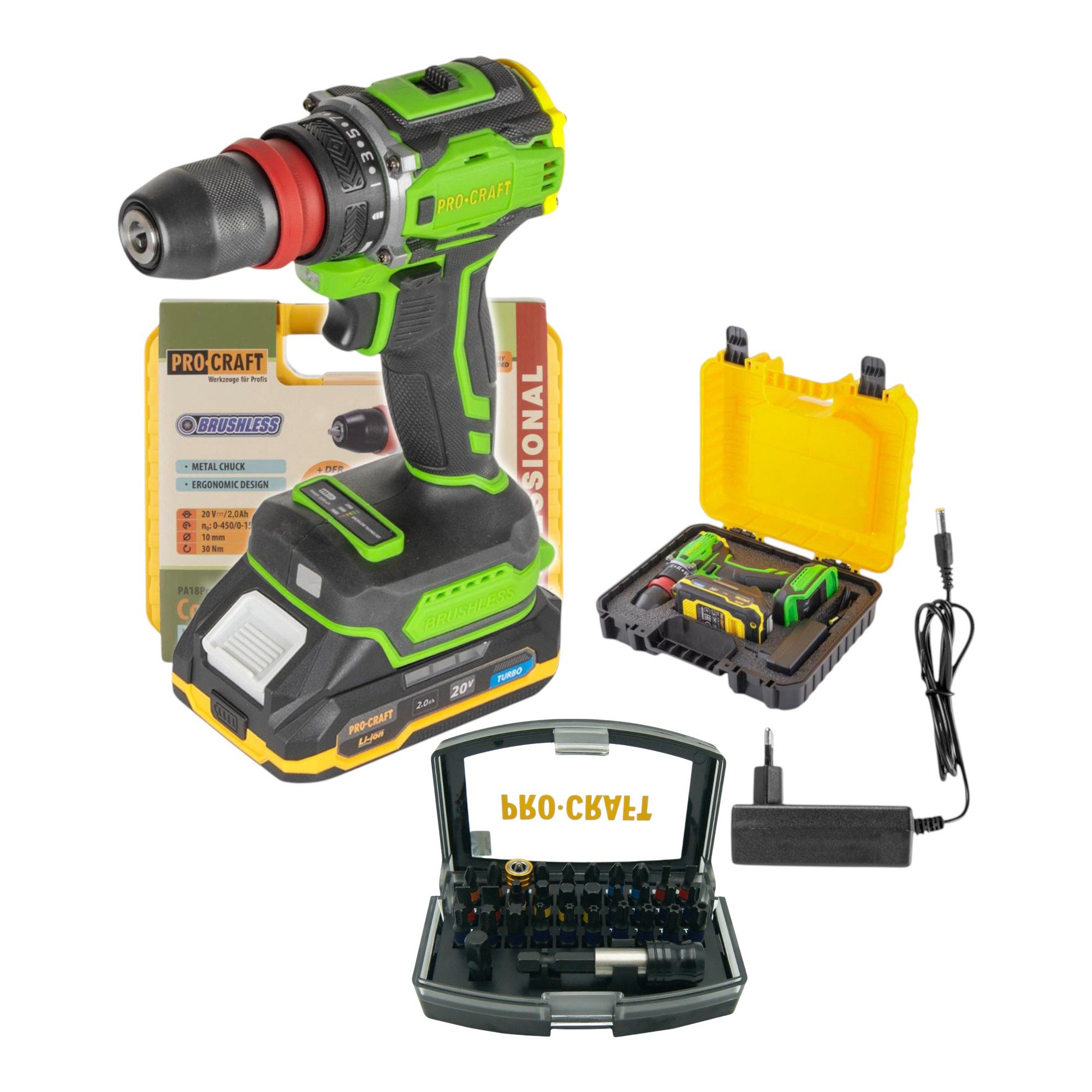 PRO CRAFT Akku-Schrauber Procraft PA18PRO DFR-1B-C Bohrschrauber 20 V 30 Nm + 32 tlg. Bit Set