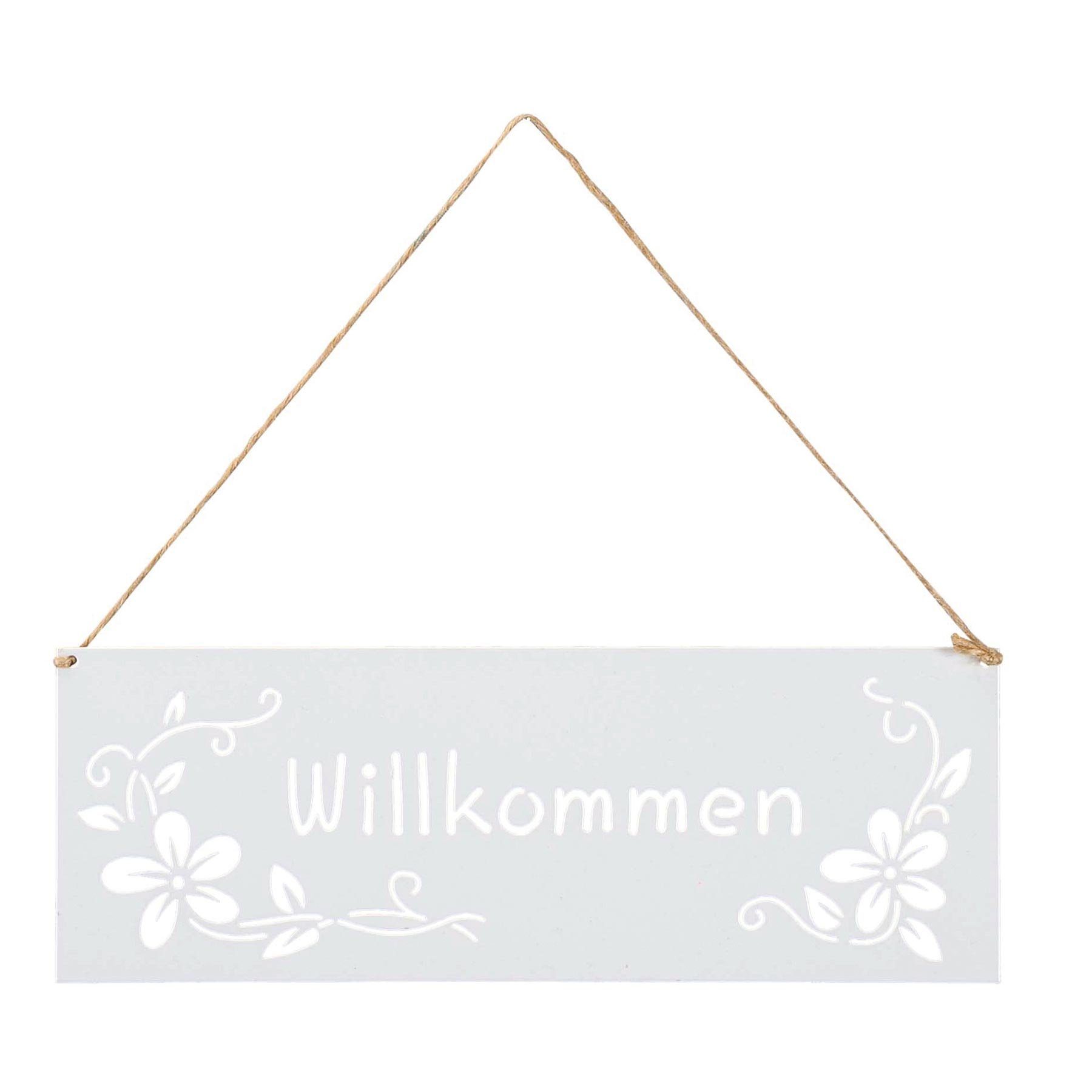 Levandeo® Dekohänger, Schild Willkommen 25x9cm Außen Garten-Deko Weiß Blumen Metall