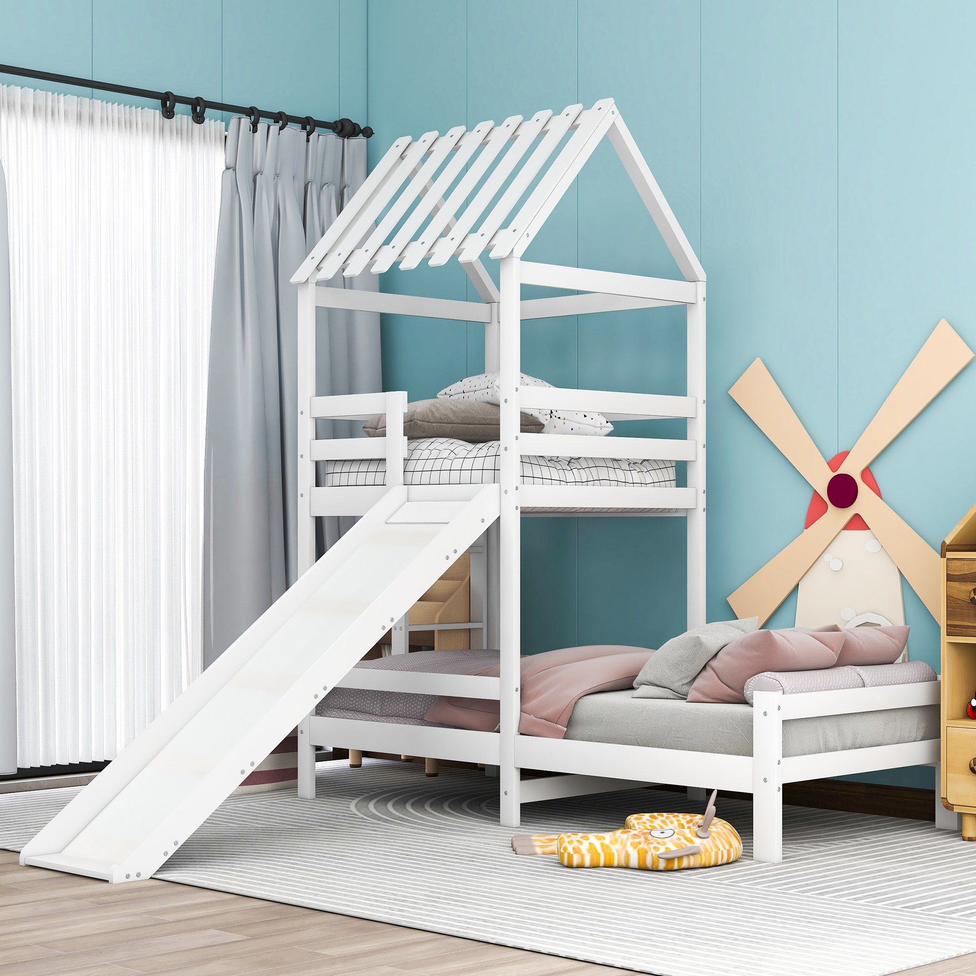 Hochbett (Etagenbett mit Rutsche und Lattenrost) Kinderbett mit 2 Liegefläche, Spielbett 90x200+90x100, Kiefer