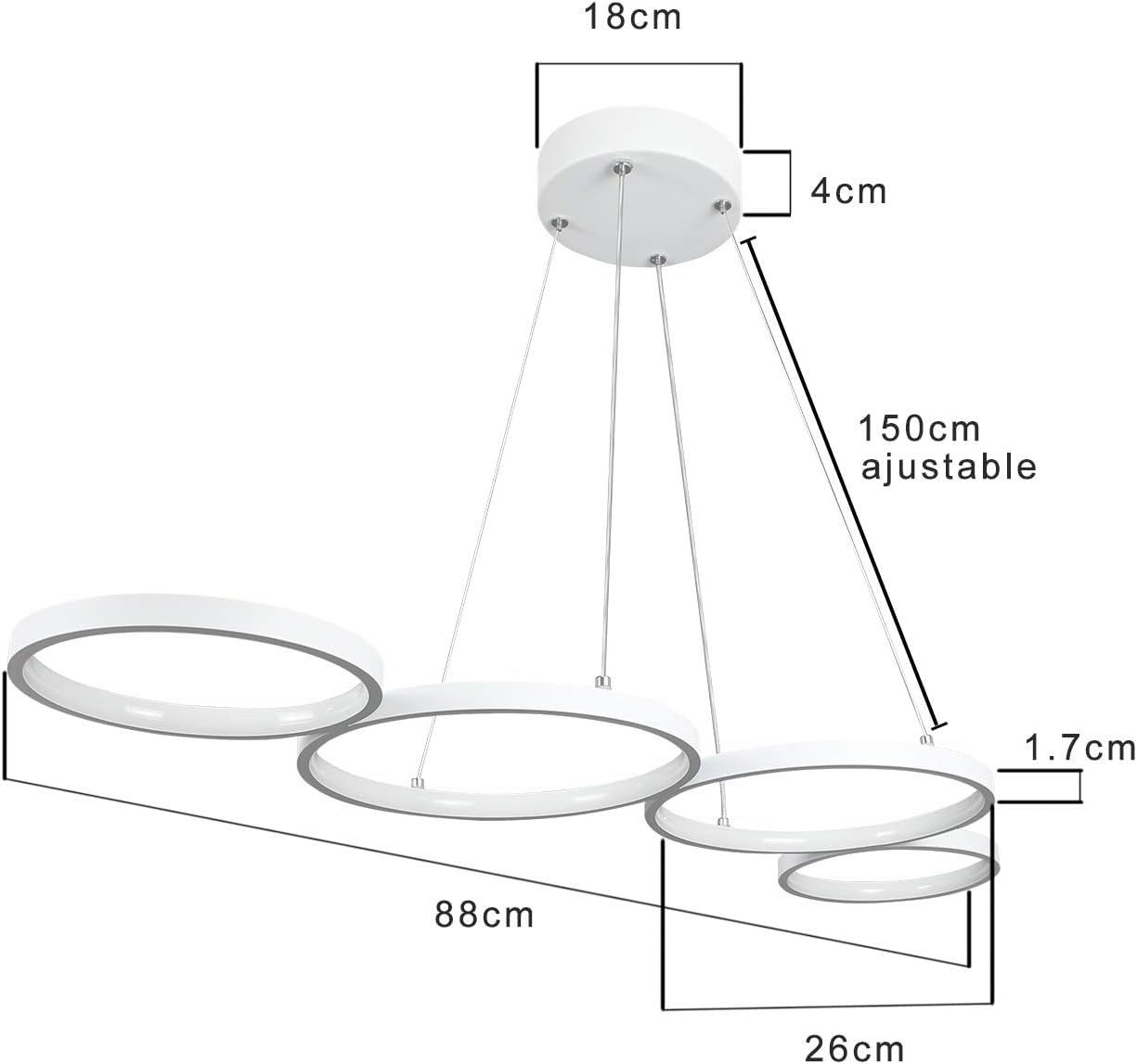 Nettlife LED Pendelleuchte Esszimmer Dimmbar mit Fernbedienung Weiß 54 W 88CM, Höhenverstellbar, LED fest integriert, Warmweiß Neutralweiß Kaltweiß, Wohnzimmer Schlafzimmer