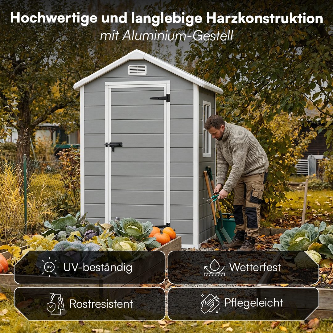 STEELSØN Gerätehaus Novara mit Bodenplatte, wetterfest, Geräteschuppen mit Satteldach, Gartenhaus inkl. Fenster