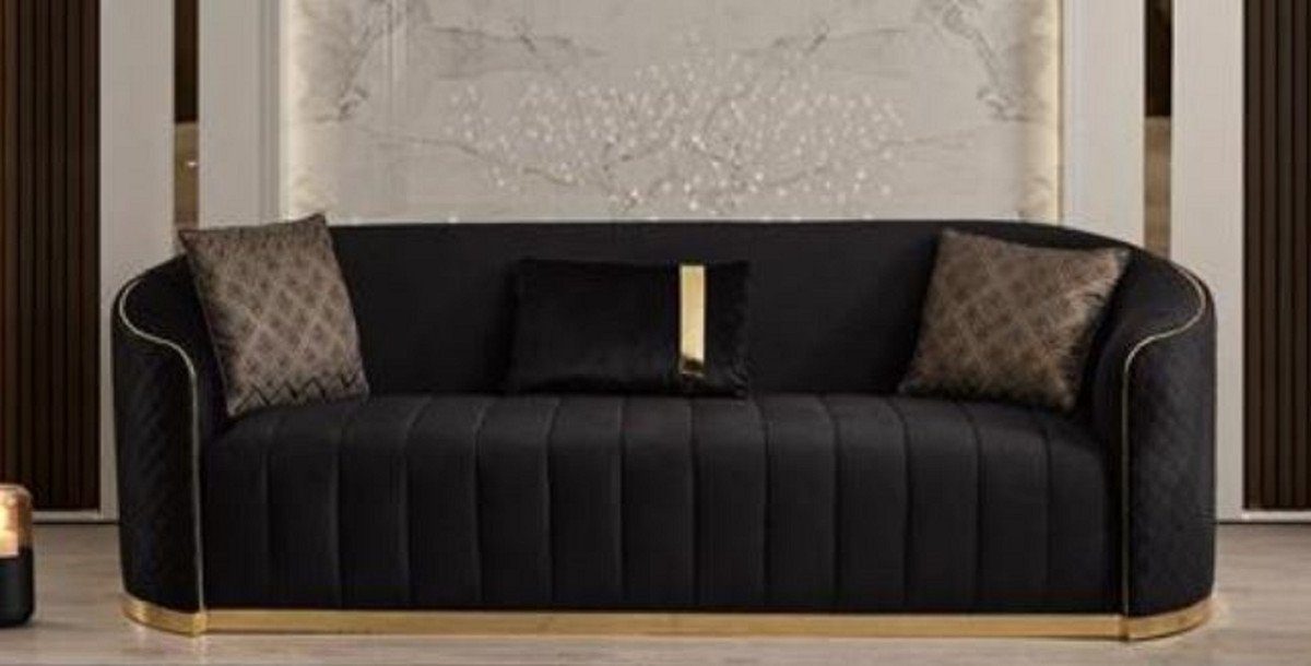 Casa Padrino 3-Sitzer Luxus Samt 3er Sofa Schwarz / Gold 240 x 95 x H. 74 cm - Wohnzimmer Sofa mit edlem Samtstoff - Wohnzimmer Möbel - Luxus Möbel - Wohnzimmer Einrichtung - Luxus Einrichtung