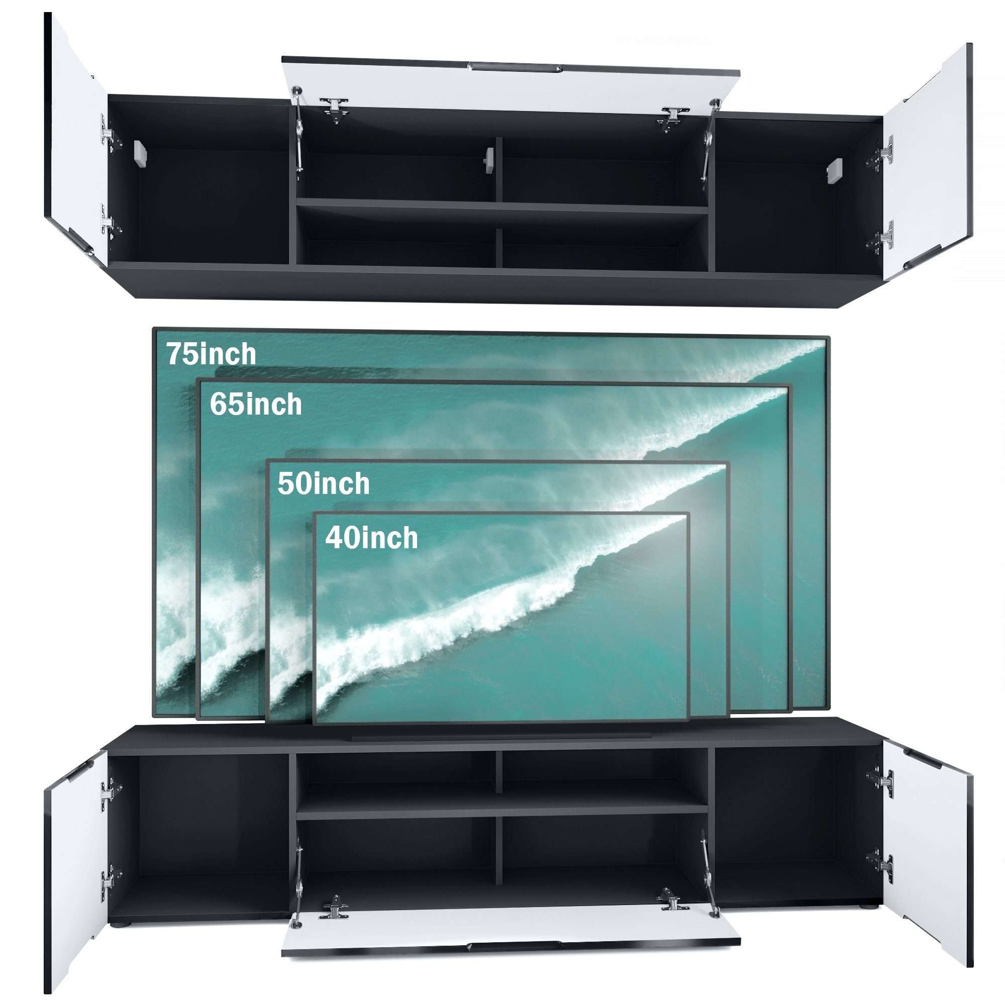 Vladon Wohnwand Mogan, (Anbauwand bestehend aus 2 TV-Boards, mit jeweils 2 Türen, 1 Klappe und 1 offenes Fach), Schwarz matt/Brombeer Hochglanz 2x (181 x 39 x 35 cm)