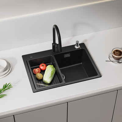 CECIPA Granitspüle Küchenspüle 60*45, schwarz, mit Seifenspender, Schwarz, 60/45 cm, Mit Ablaufkorb, Aufsatzwaschbecken