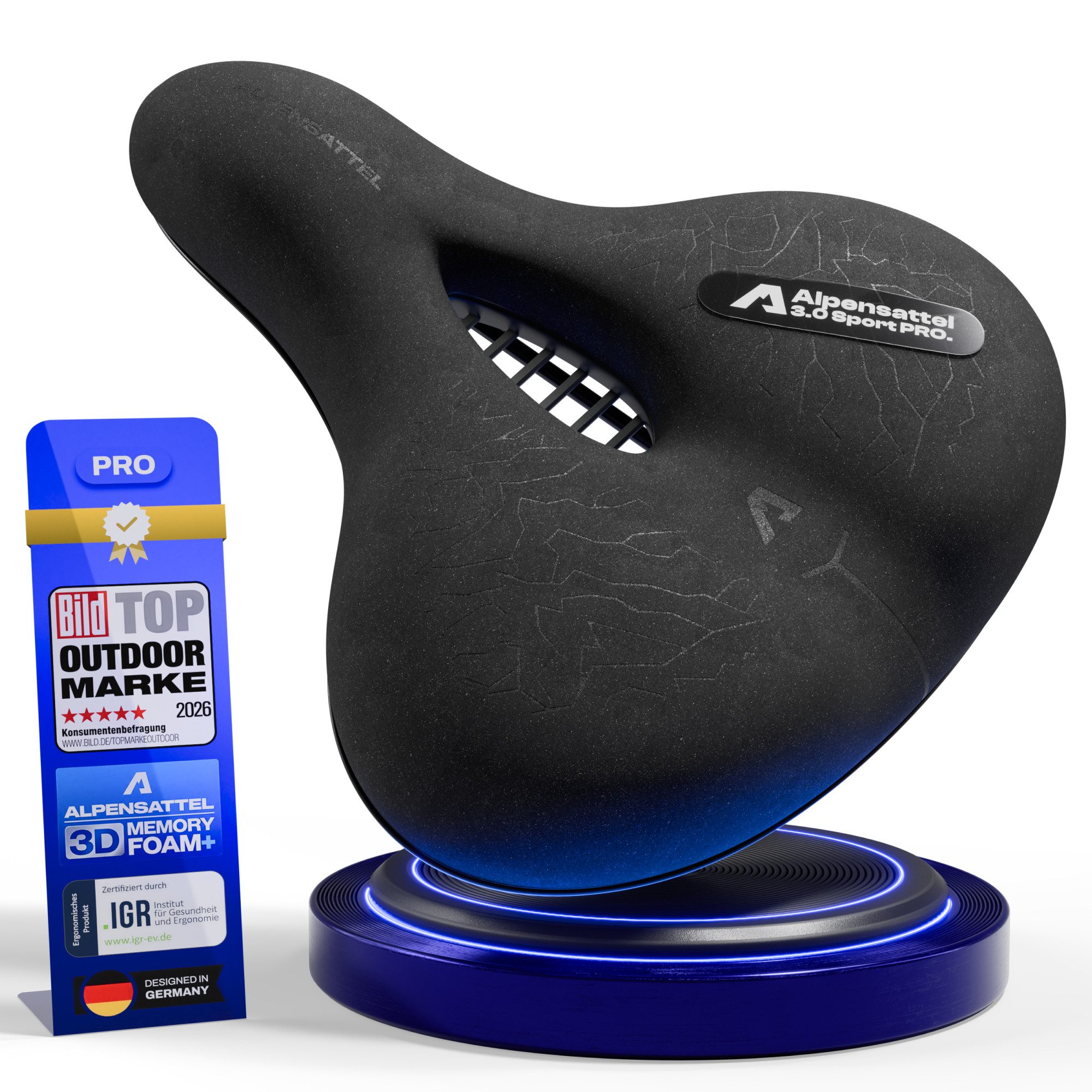 Alpensattel Fahrradsattel Alpensattel 3.0 in 3 Ausführungen wählbar (1-tlg), Ergonomisch, mit Aussparung und Memory Foam für Damen und Herren