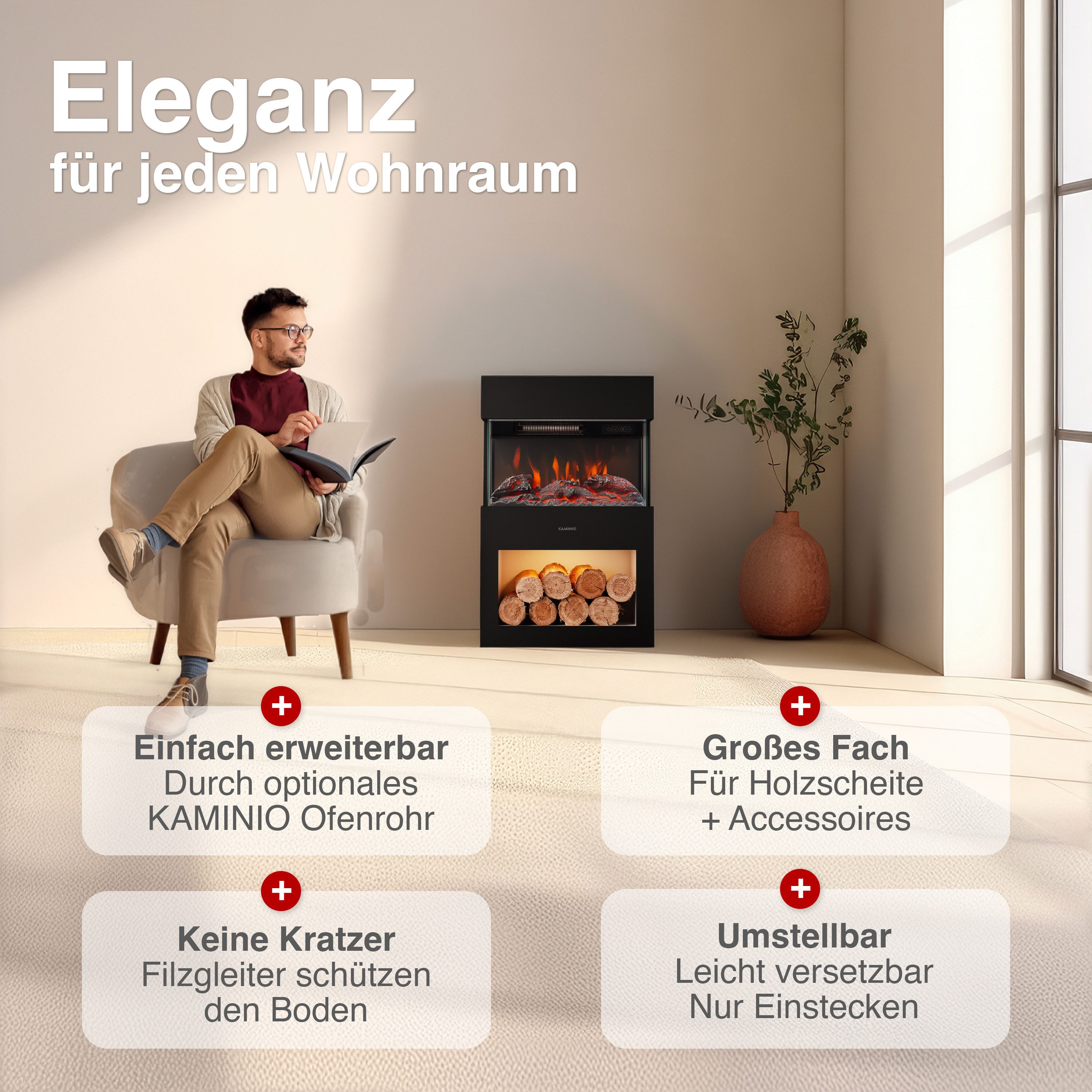 KAMINIO Elektrokamin HENRI, Elektrischer Kamin mit 3D-Flammeneffekt, Heizung 1800W