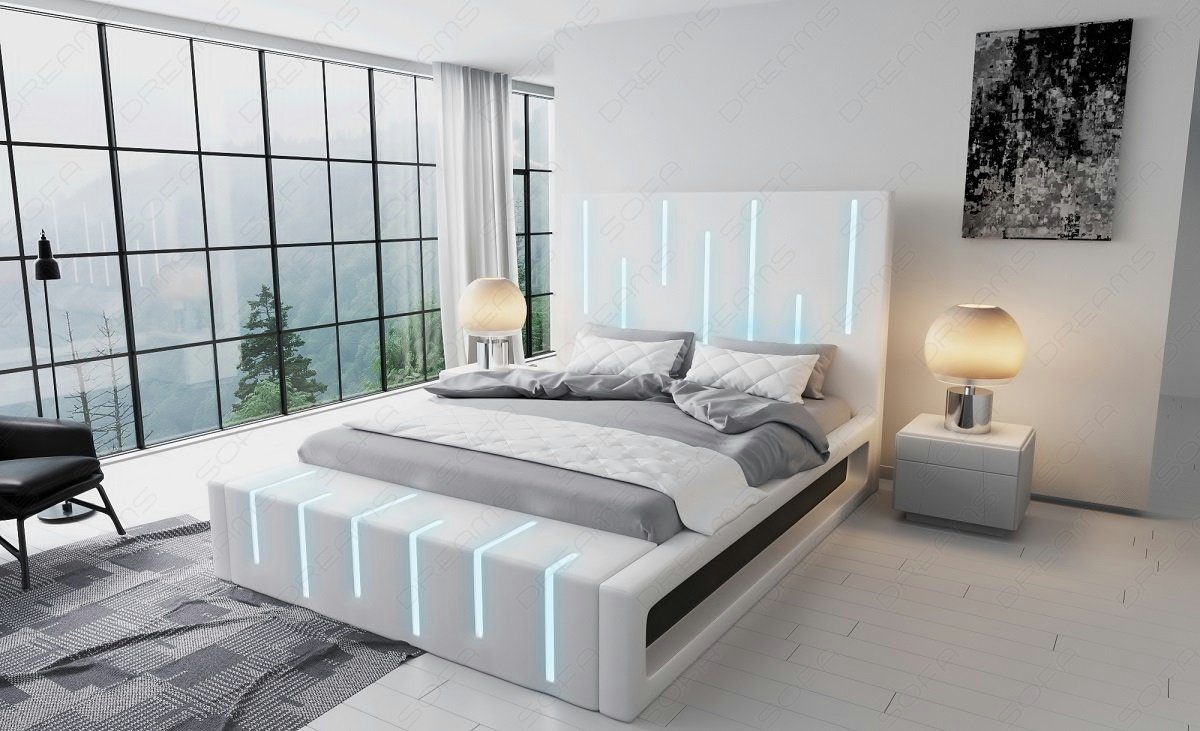 mit LED Boxspringbett Milona Komplettbett Sofa Premium mit weiß-schwarz Bett Beleuchtung, Dreams Kunstleder Topper