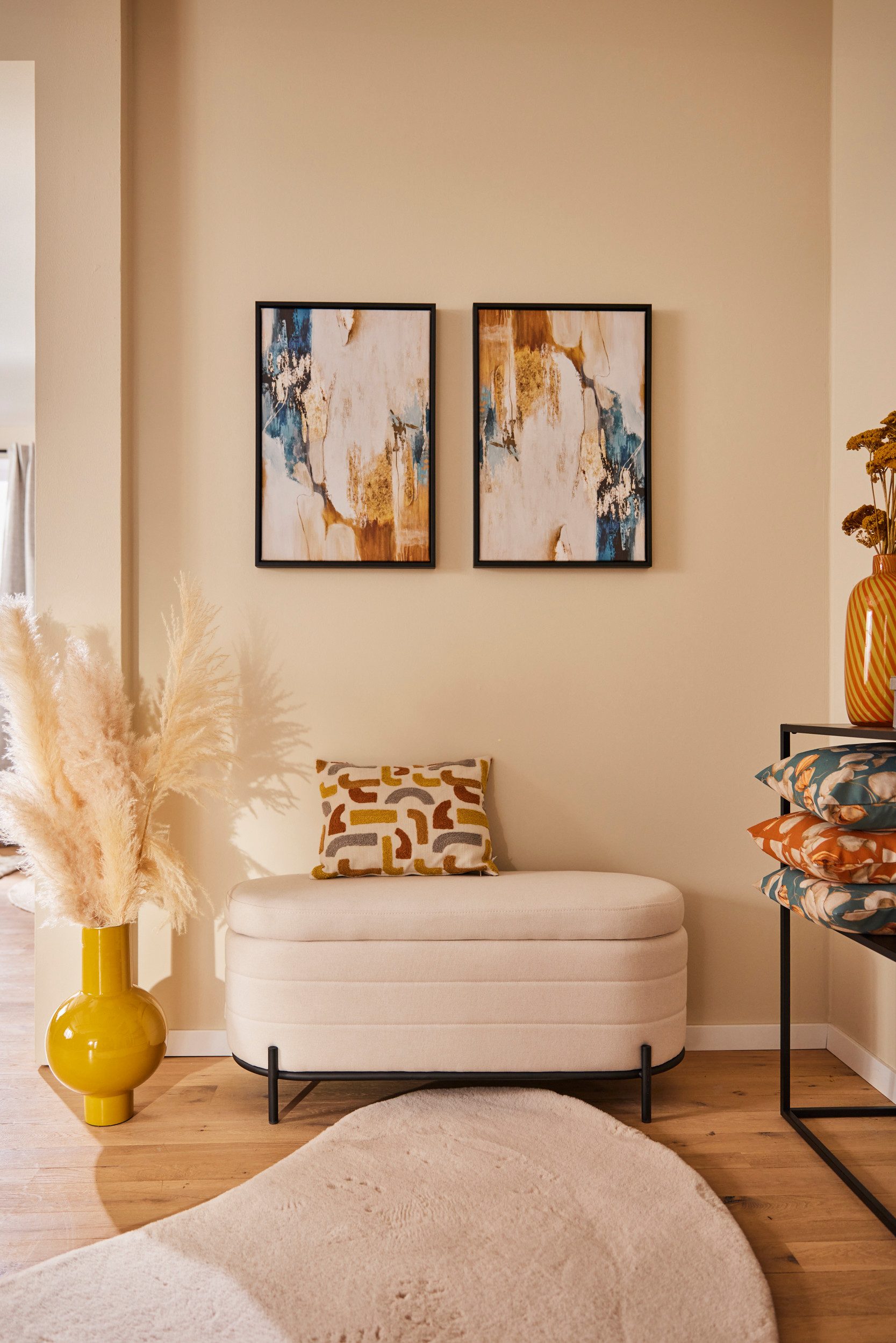 queence Leinwandbild Abstrakt Beige und Gold, Abstrakt, Abstrakte, Kunst, Modern, mit einem Schattenfugenrahmen veredelt