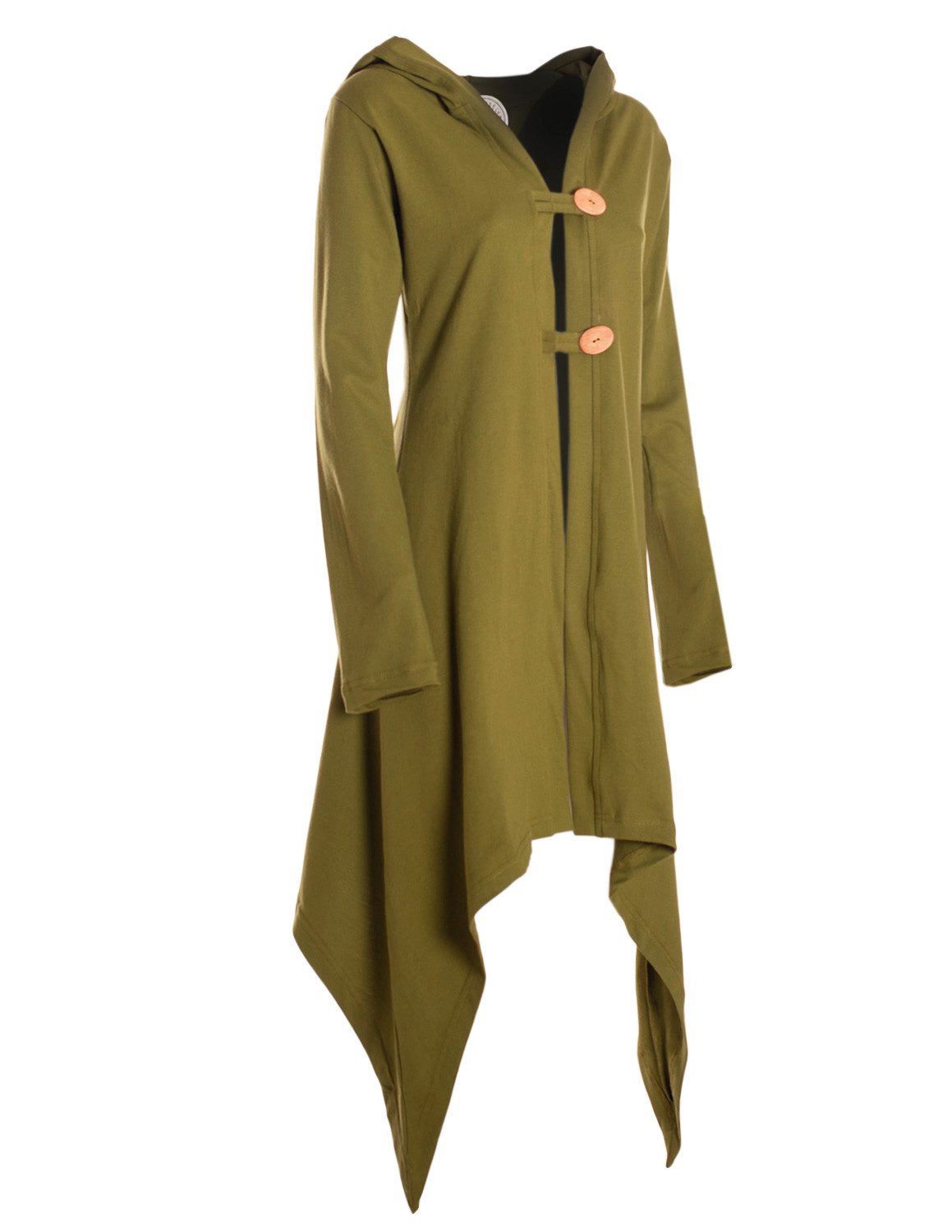 Vishes Langjacke Zipfeljacke Asymmetrischer Boho Cardigan mit Kapuze und Holzknöpfen Alternative Bekleidung, Ethno, Hippie, Retro Style