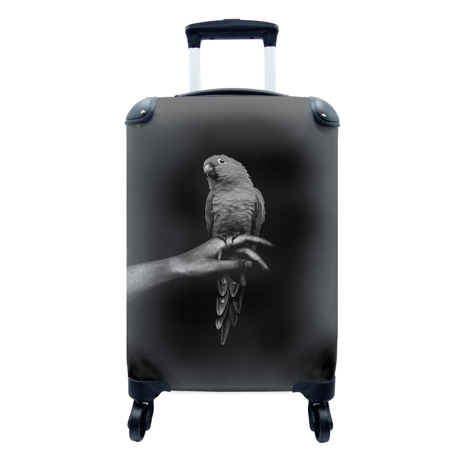 MuchoWow Handgepäckkoffer Papagei auf einer Hand vor einem schwarzen Hintergrund - schwarz und, 4 Rollen, Reisetasche mit rollen, Handgepäck für Ferien, Trolley, Reisekoffer