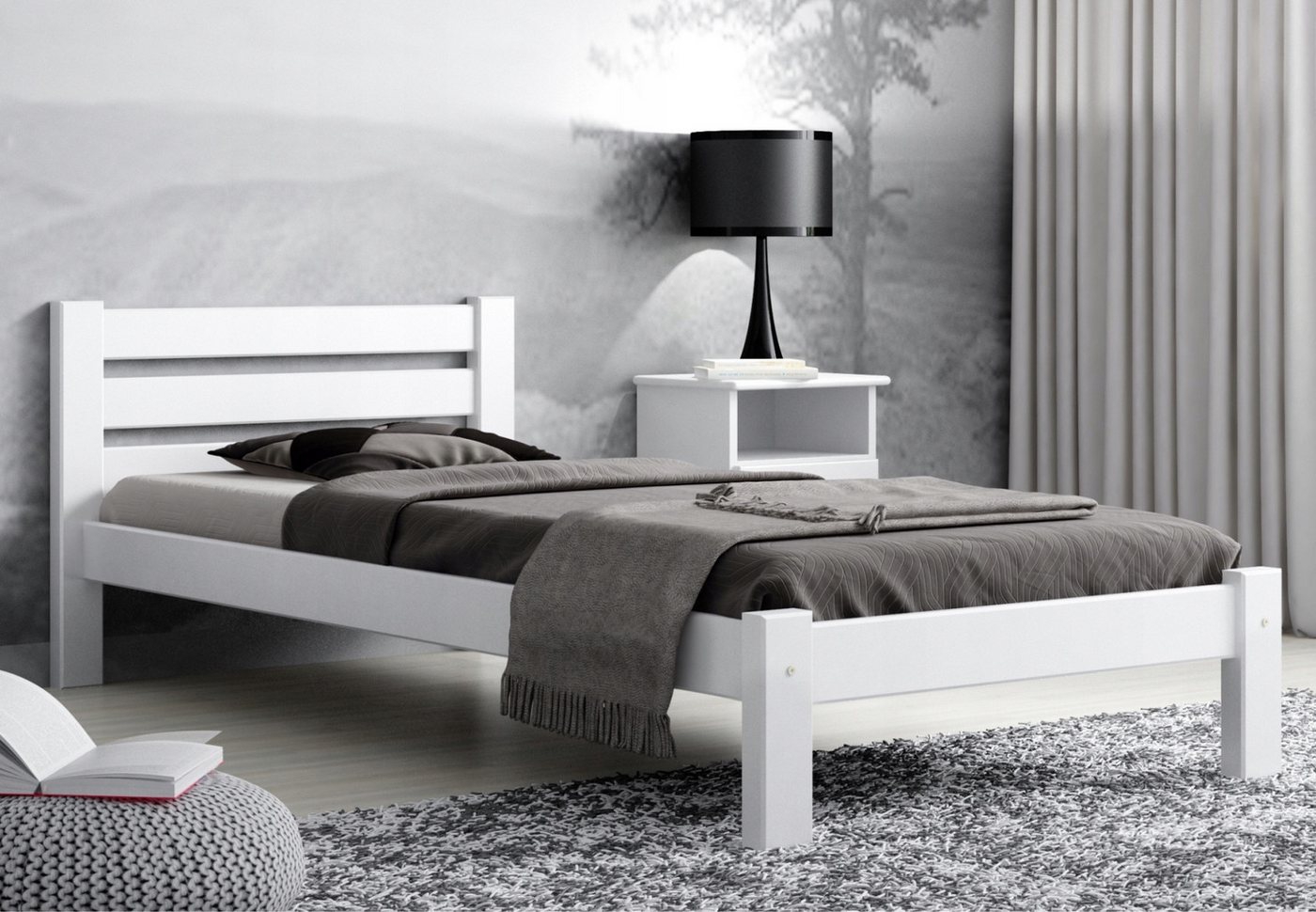 Home Collective Holzbett Einzelbett Massivholz Bett mit Massive Bettbeine & Lattenrost, 210x102x72 cm, Weiß