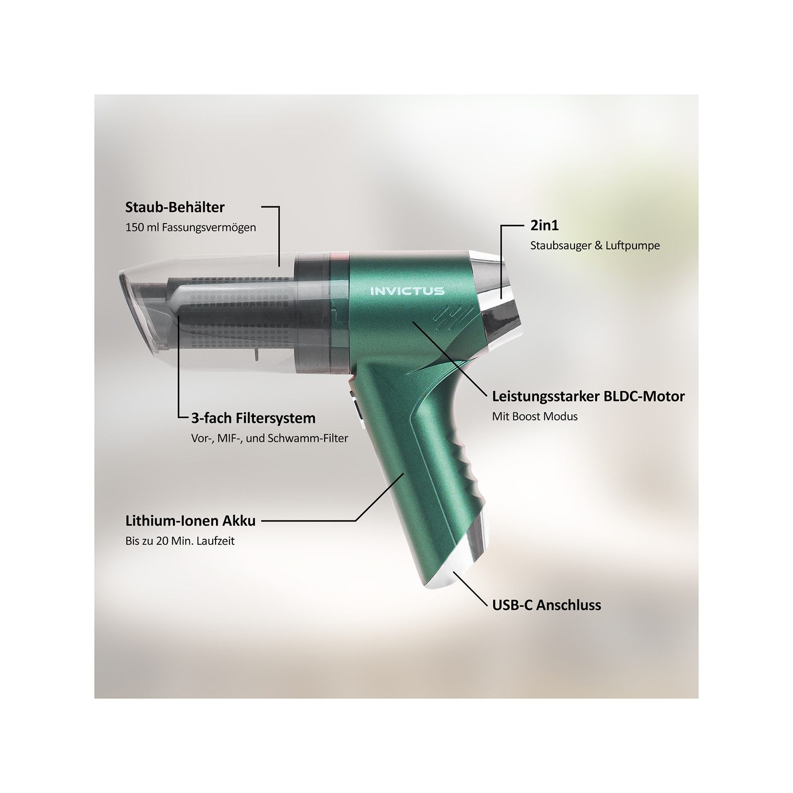 Genius Akku-Handstaubsauger Invictus One Quick Mini Handstaubsauger 13 tlg, Staubsauger Luftpumpe, 75,00 W, beutellos, 2 Modi: ECO und BOOST, überall laden, dank USB-C Anschluss