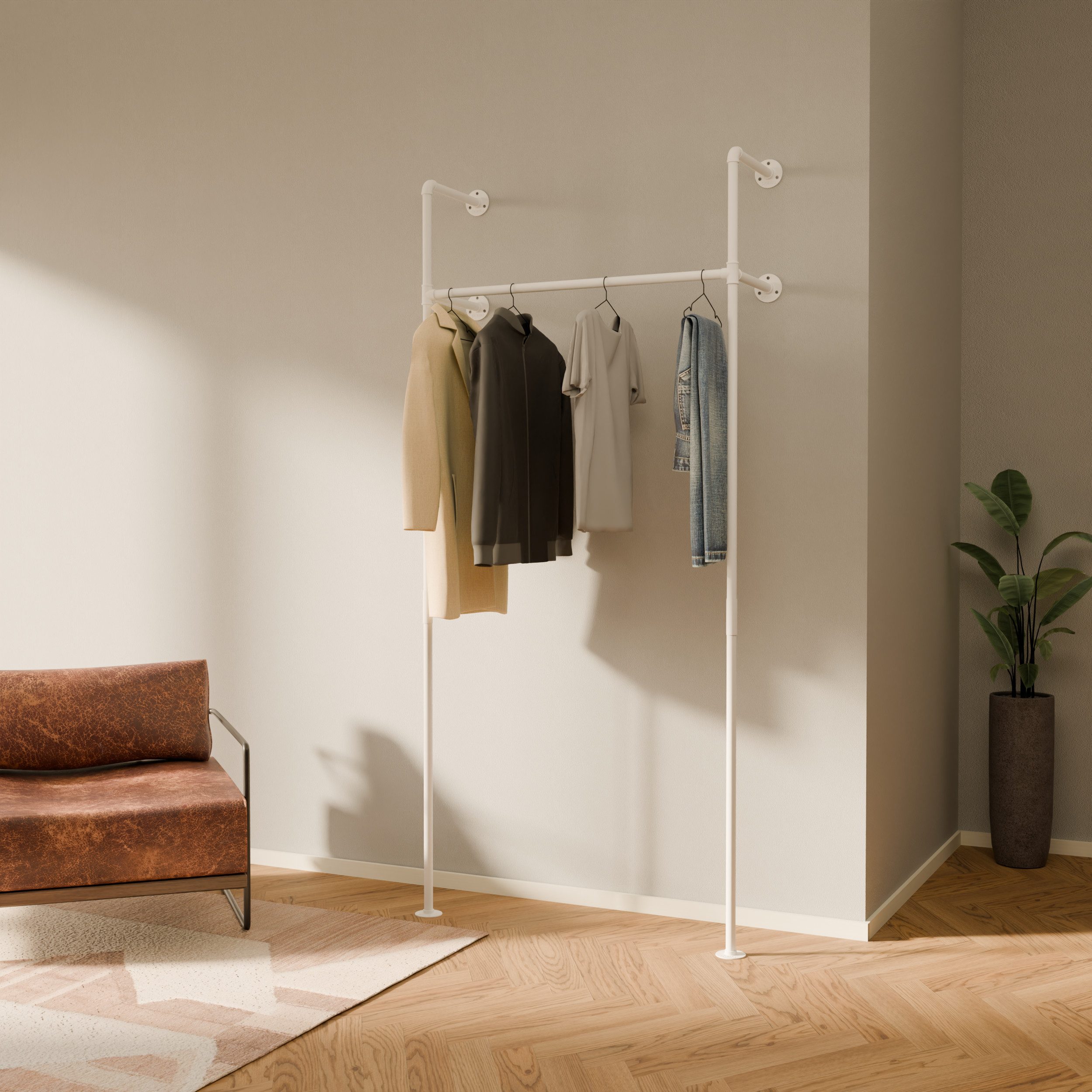 pamo. design Kleiderständer KIM Kleiderstange Wandmontage, offener Kleiderschrank, Kleiderständer, Weißer Garderobenständer im Industrial Design für Kleidung