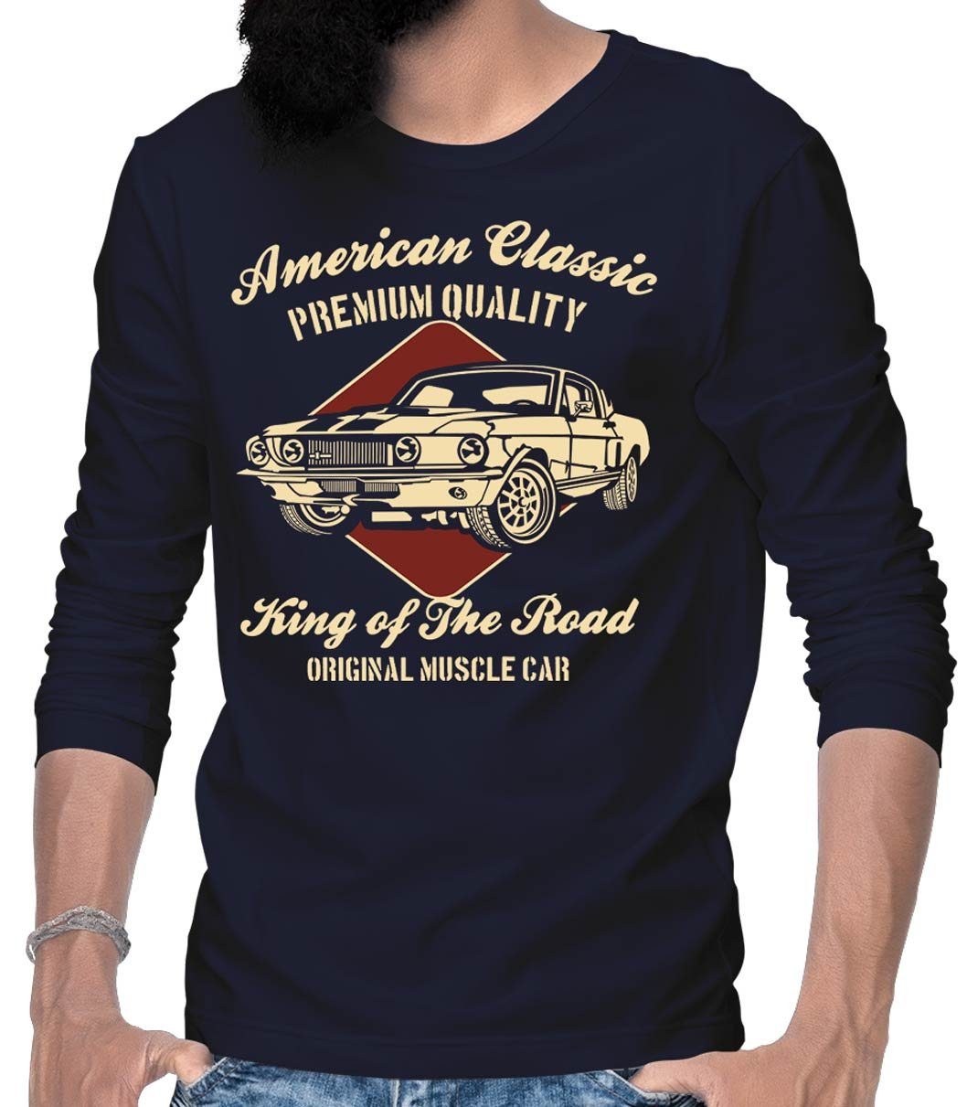 Motiv Longsleeve US-Car Tee Langarm Rebel American / Herren Blau Classics T-Shirt mit Longsleeve Auto Wheels On