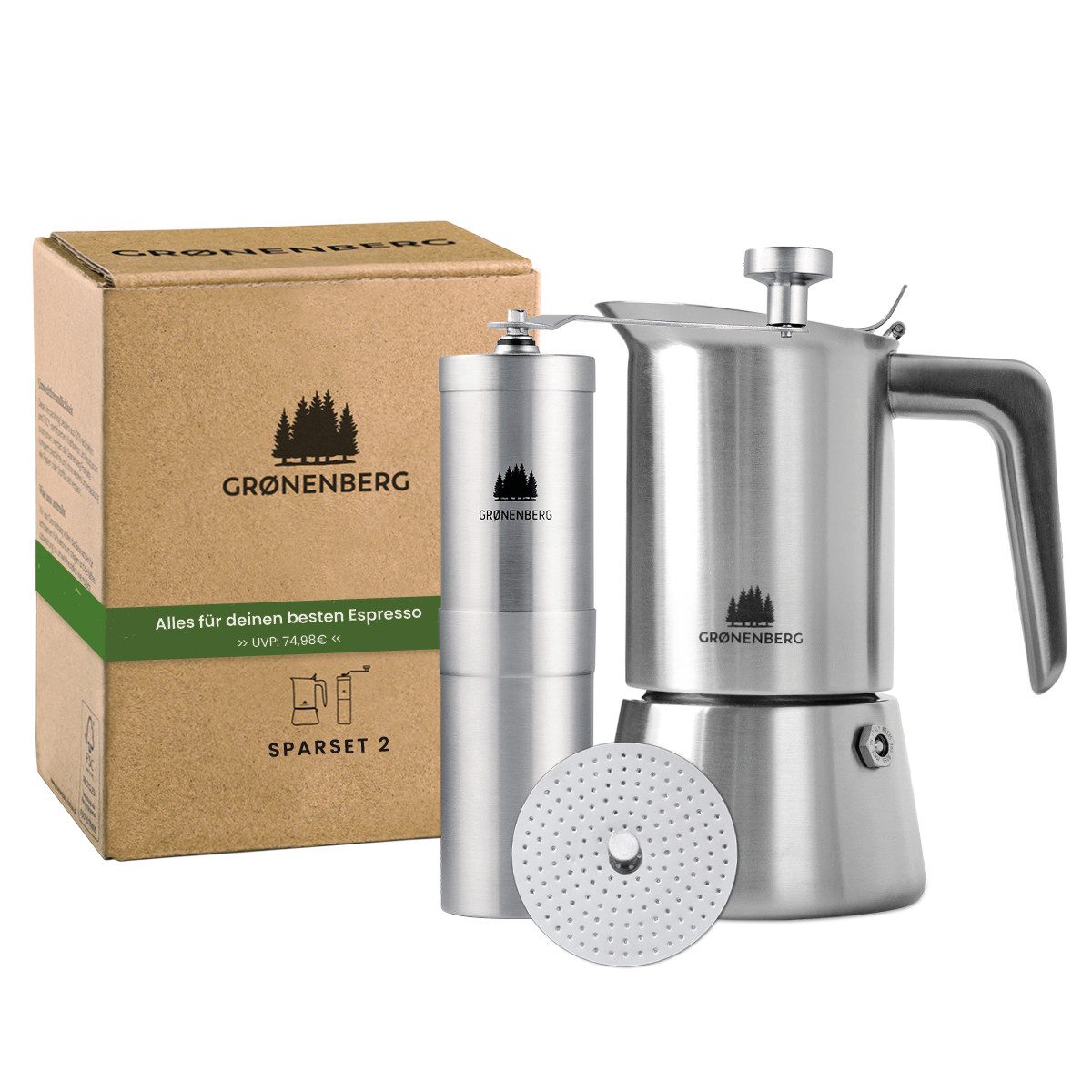 GRØNENBERG Espressokocher Spar Set 2: Kaffeemühle manuell + Edelstahl Espressokocher (4l6 Cup), 0.3l Kaffeekanne, Mokkakanne Induktion geeignet & Inkl. Ersatz Dichtung