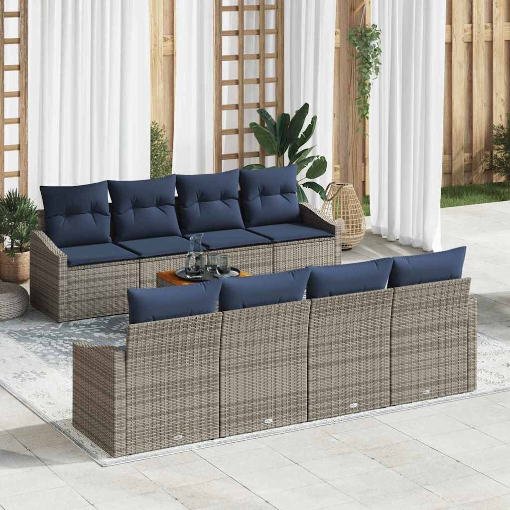 vidaXL Gartenlounge-Set Gartensofa-set 9 pcs Grau und Marineblau Poly-Rattan, (9-tlg)