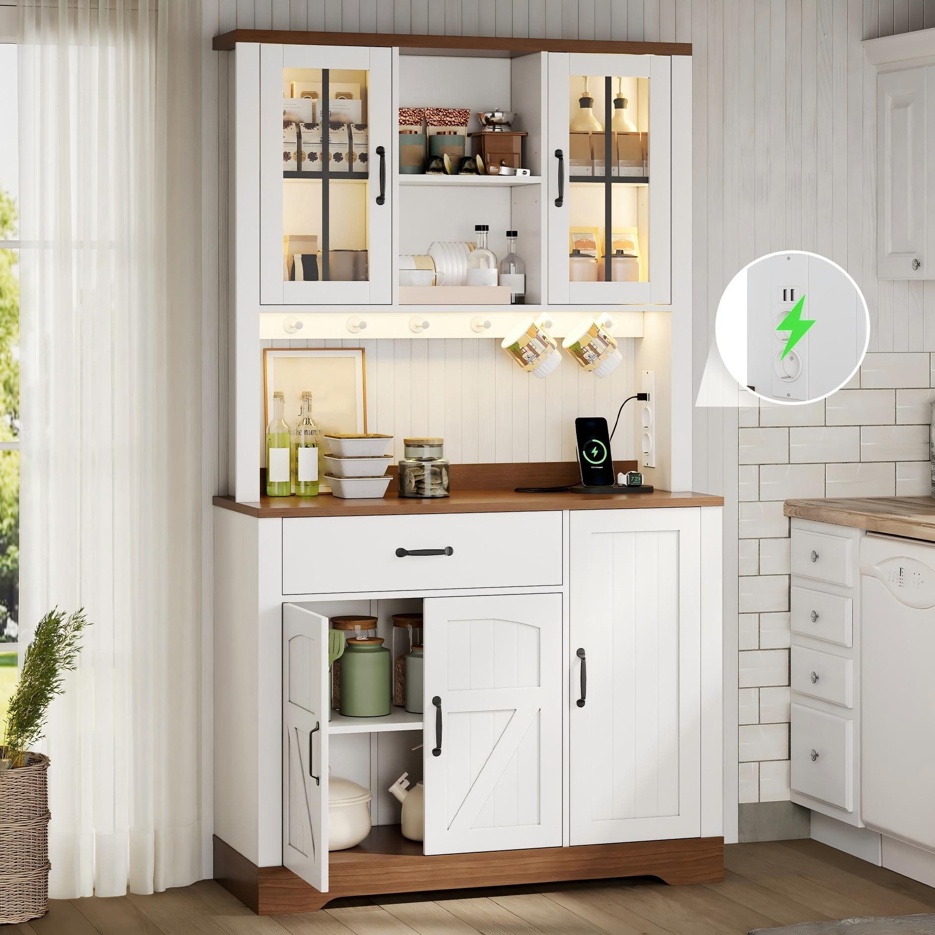 Flieks Küchenbuffet mit Arbeitsplatte in Walnussholzfarbe, Steckdosen und LED-Beleuchtung (1-St., B105/T40/H185 cm) Hochschrank Küchenschrank mit verstellbaren Einlegeböden Weiß
