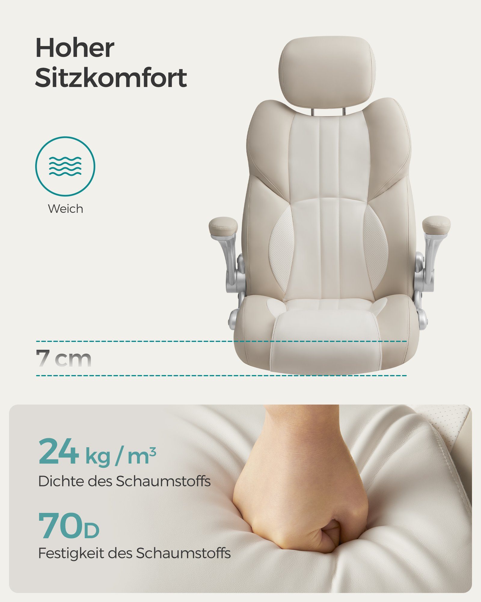 cremeweiß Bürostuhl, automatische SONGMICS Schreibtischstuhl, Wippfunktion, Bremsräder