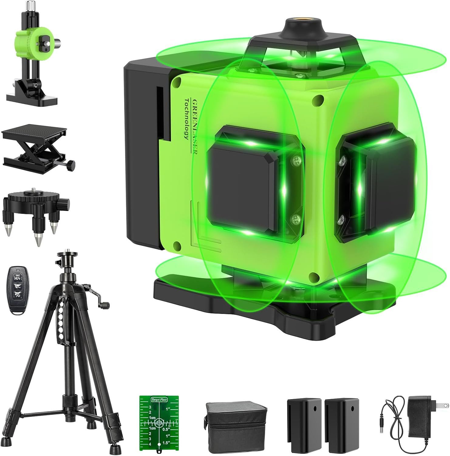 Pdgrid Kreuzlinienlaser 16 grüne Laserlinien, mit Stativ, 4×360°-Selbstnivellierlaser, 2 x Batterie, IP54