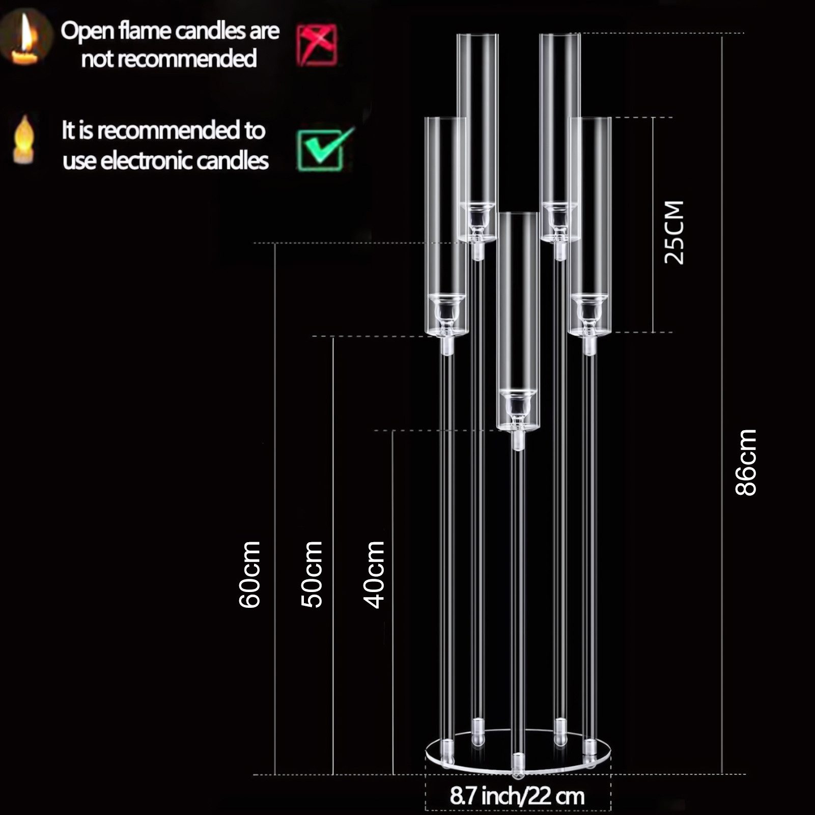 Rutaqian Kerzenständer Acryl Kandelaber für LED Kerzen 5-armig Tischdeko Party Hochzeit (8er Set LED Kerzenleuchter mit Lampenschirmen, ohne Kerzen, 8 St), Geeignet für LED-Kerzen unter 2,2 cm Durchmesser