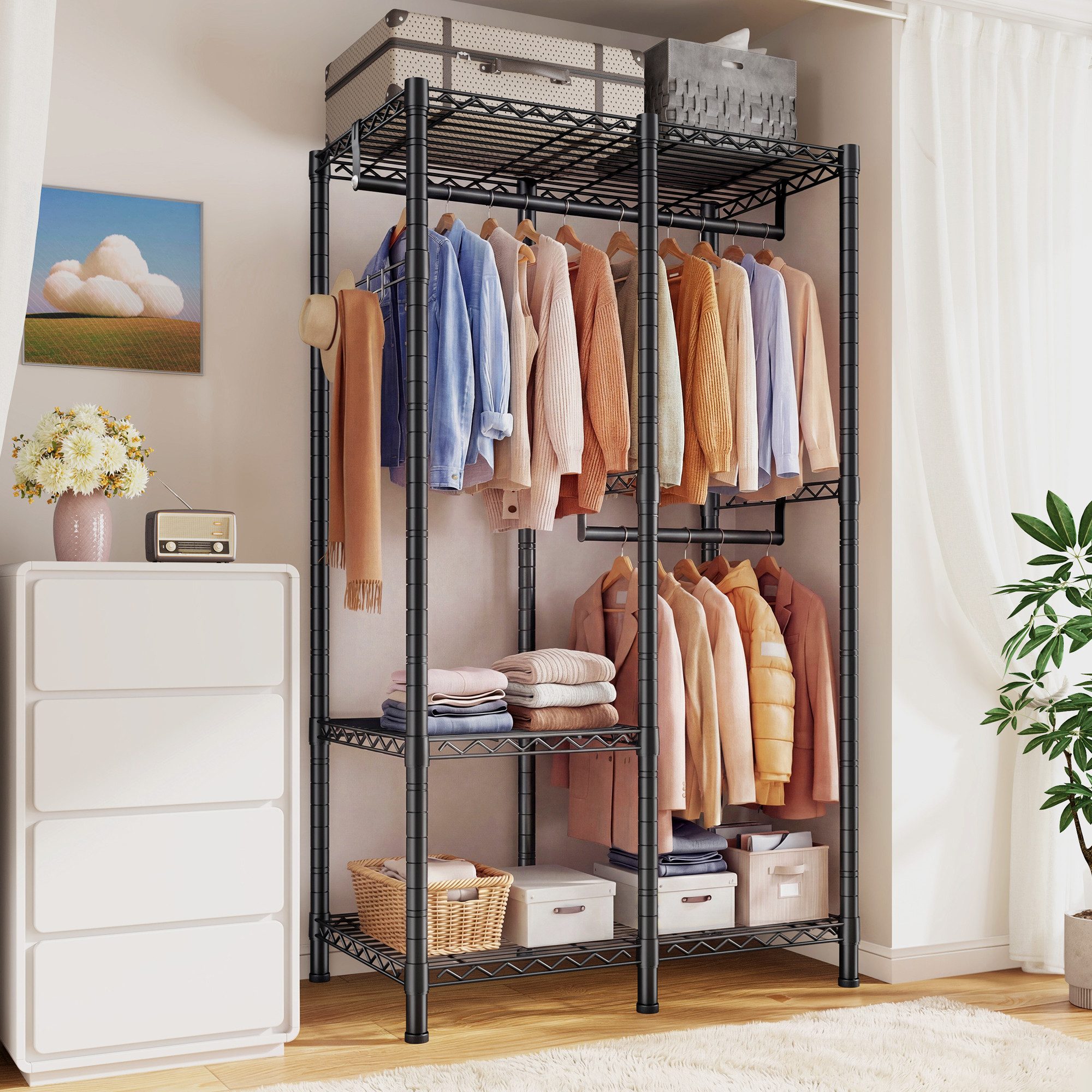 Klyvvo Kleiderständer Offener Kleiderschrank, Garderobenständer aus Metall, (1 St), mit 3 höhenverstellbaren Regalböden, 2 Kleiderstangen, 4 Haken