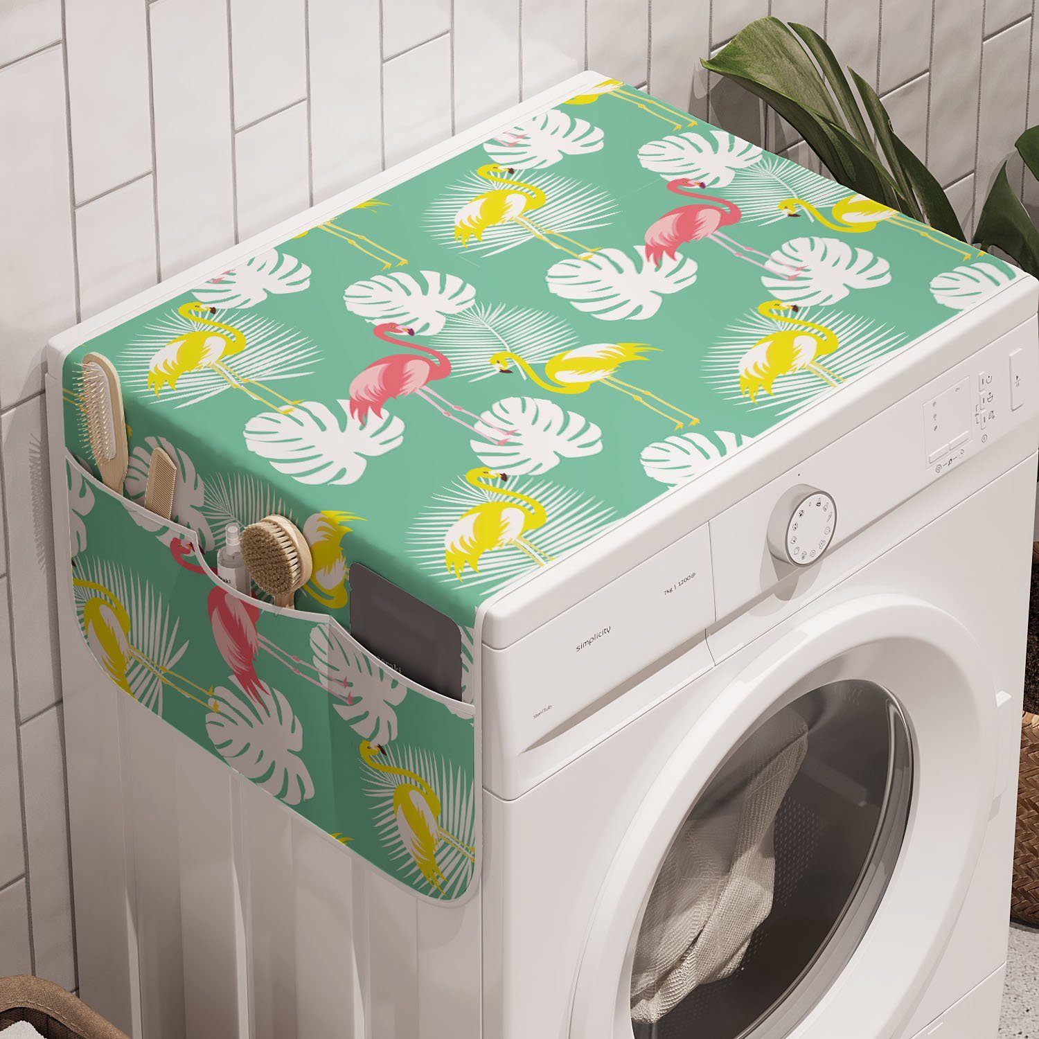 Abakuhaus Badorganizer Anti-Rutsch-Stoffabdeckung für Waschmaschine und Trockner, Tropical Flamingos und Blätter Motiv