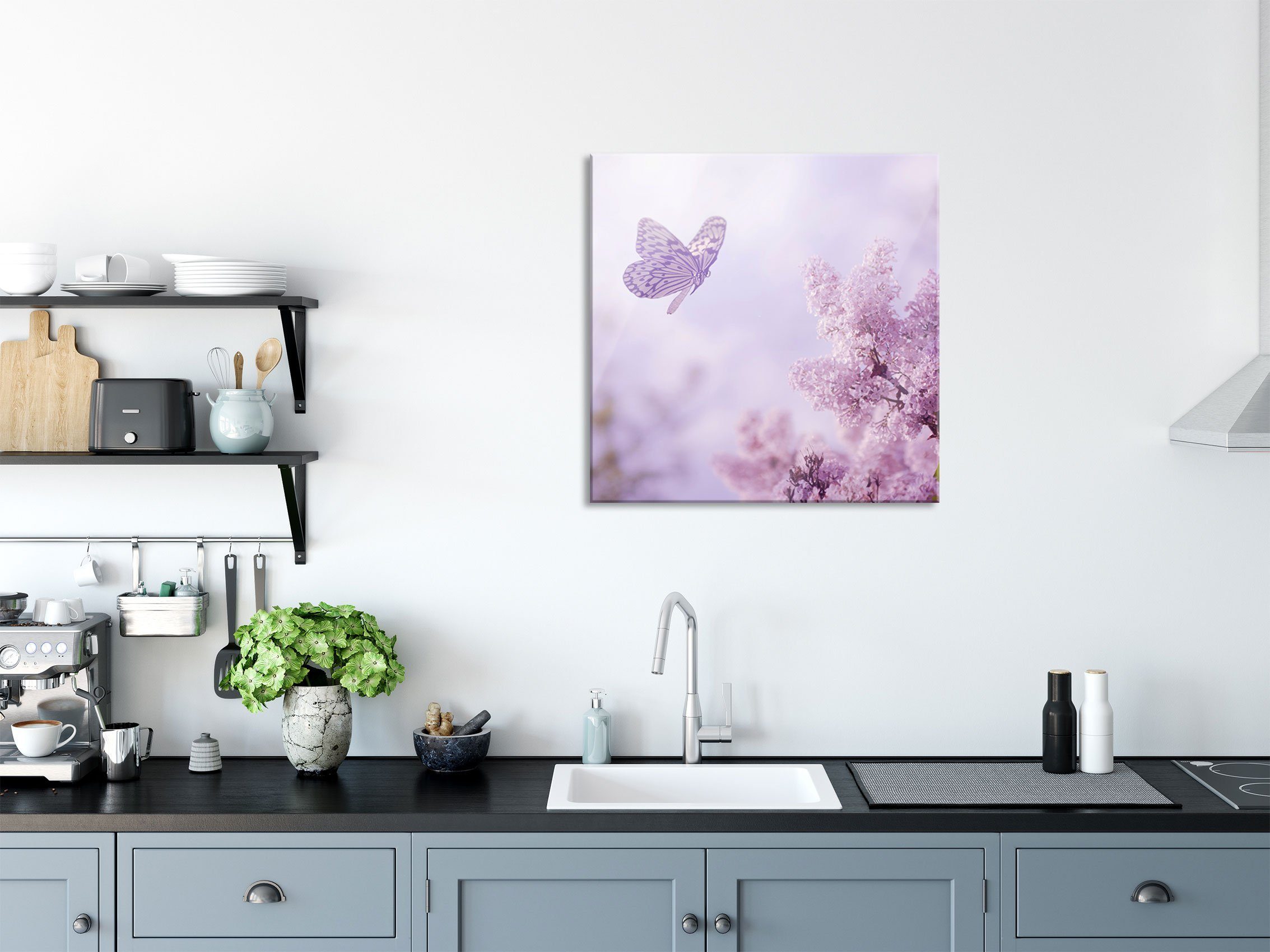 Abstandshalter Schmetterling inkl. Glasbild aus Kirschblüten (1 Kirschblüten, Schmetterling St), Pixxprint Echtglas, Aufhängungen und Glasbild