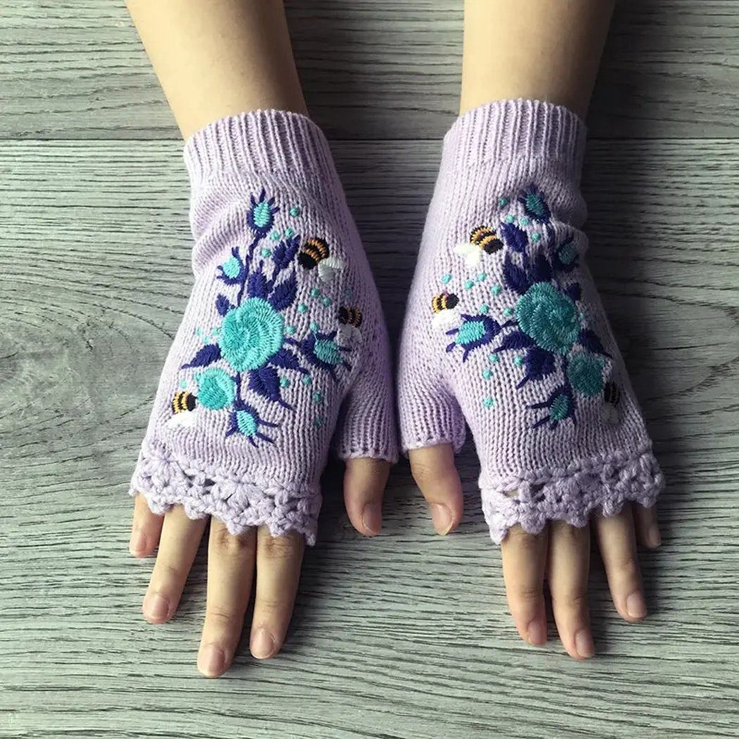 TUABUR Strickhandschuhe Handgefertigte, mit Blumen bestickte Handschuhe, Strickhandschuhe Light purple