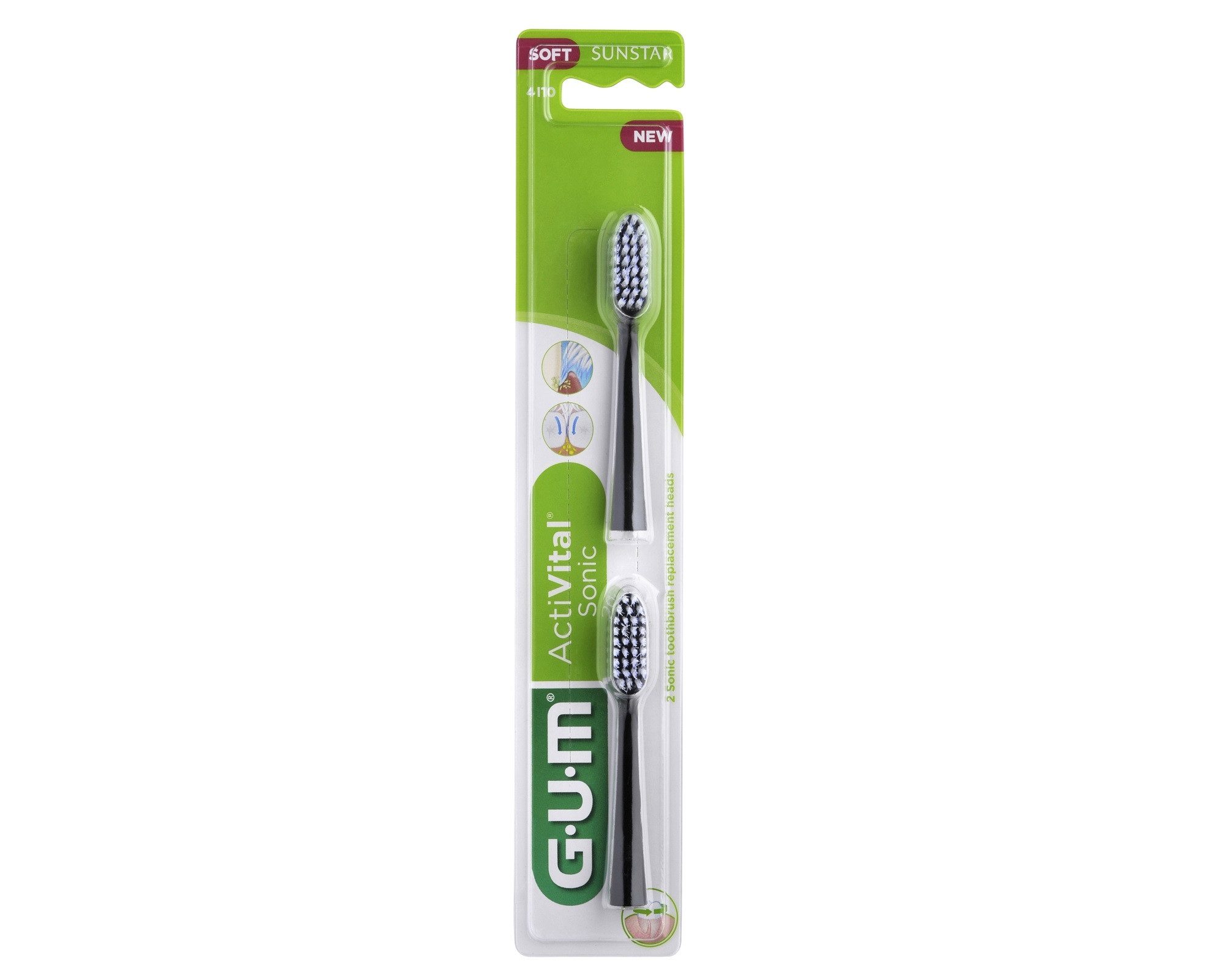 GUM Aufsteckbürste Gum ActiVital Sonic - 2 Ersatzbürstenköpfe - schwarz