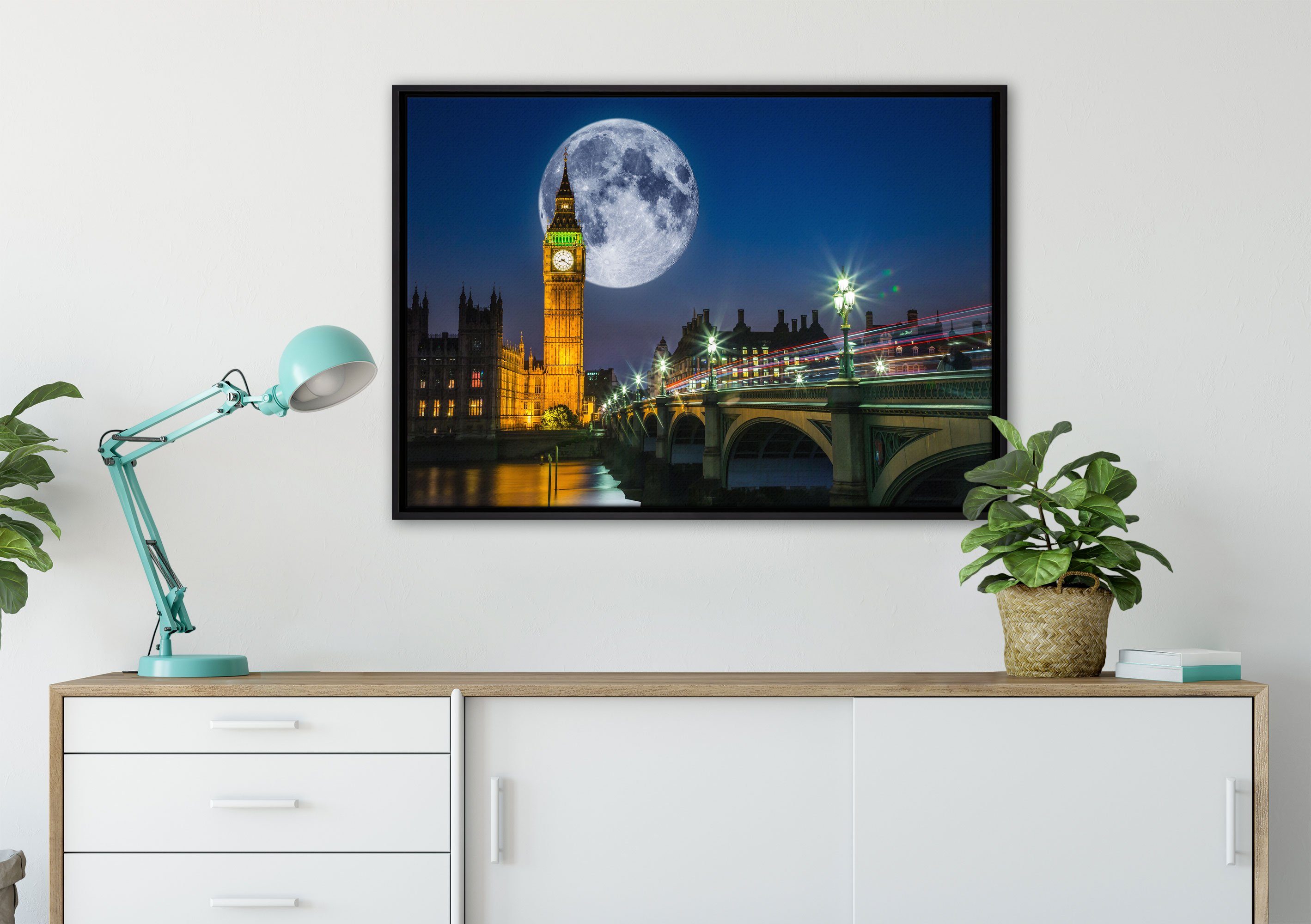 Leinwandbild inkl. Mond fertig London, in (1 St), in bespannt, vor Pixxprint gefasst, Zackenaufhänger Big einem Wanddekoration Schattenfugen-Bilderrahmen Leinwandbild Ben