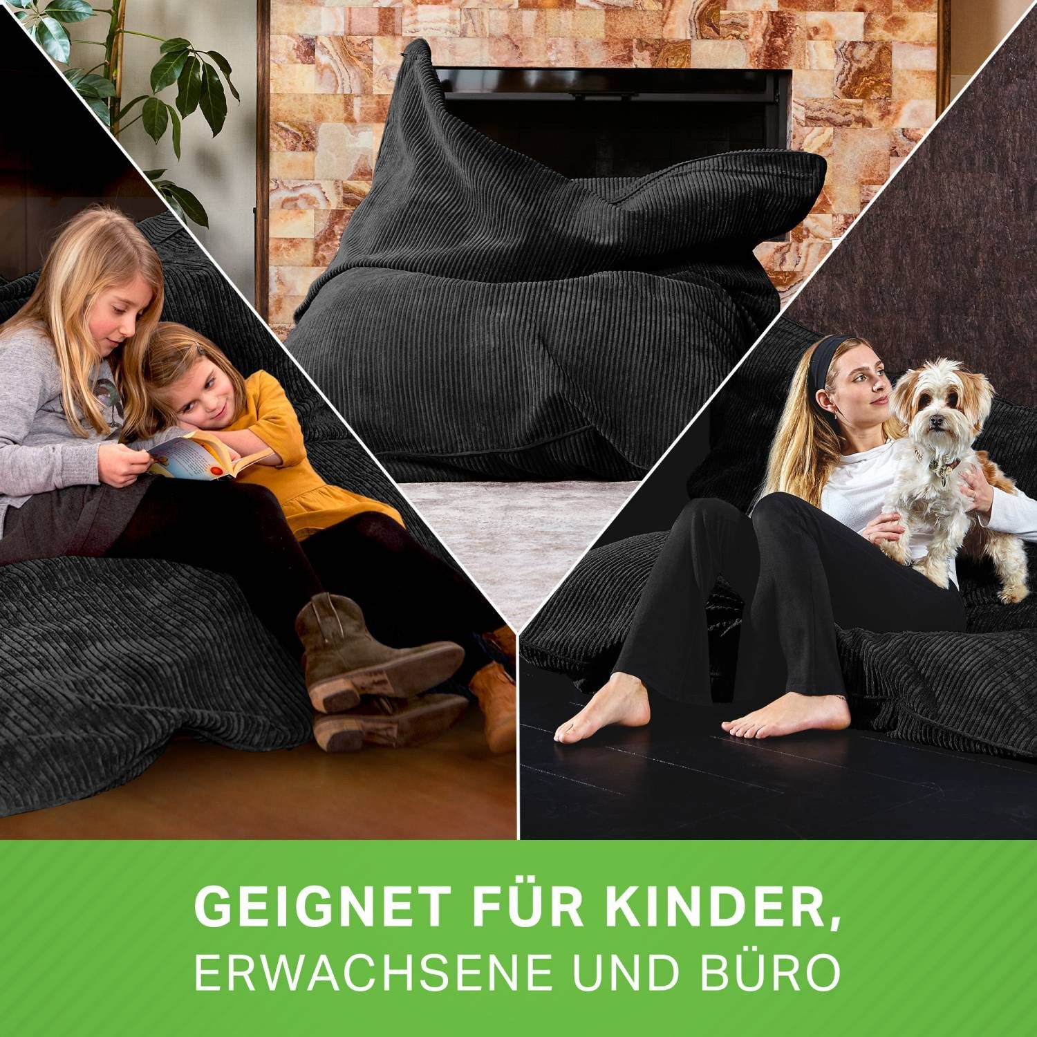 Green Bean Sitzsack XXL Riesen Sitzsack Square aus Cord (XXL aus Cordstoff 370 Liter mit EPS-Perlen Füllung, Kuschelig Weich Waschbar), Sitzkissen Lounge Chair  – Bild 3 von 5
