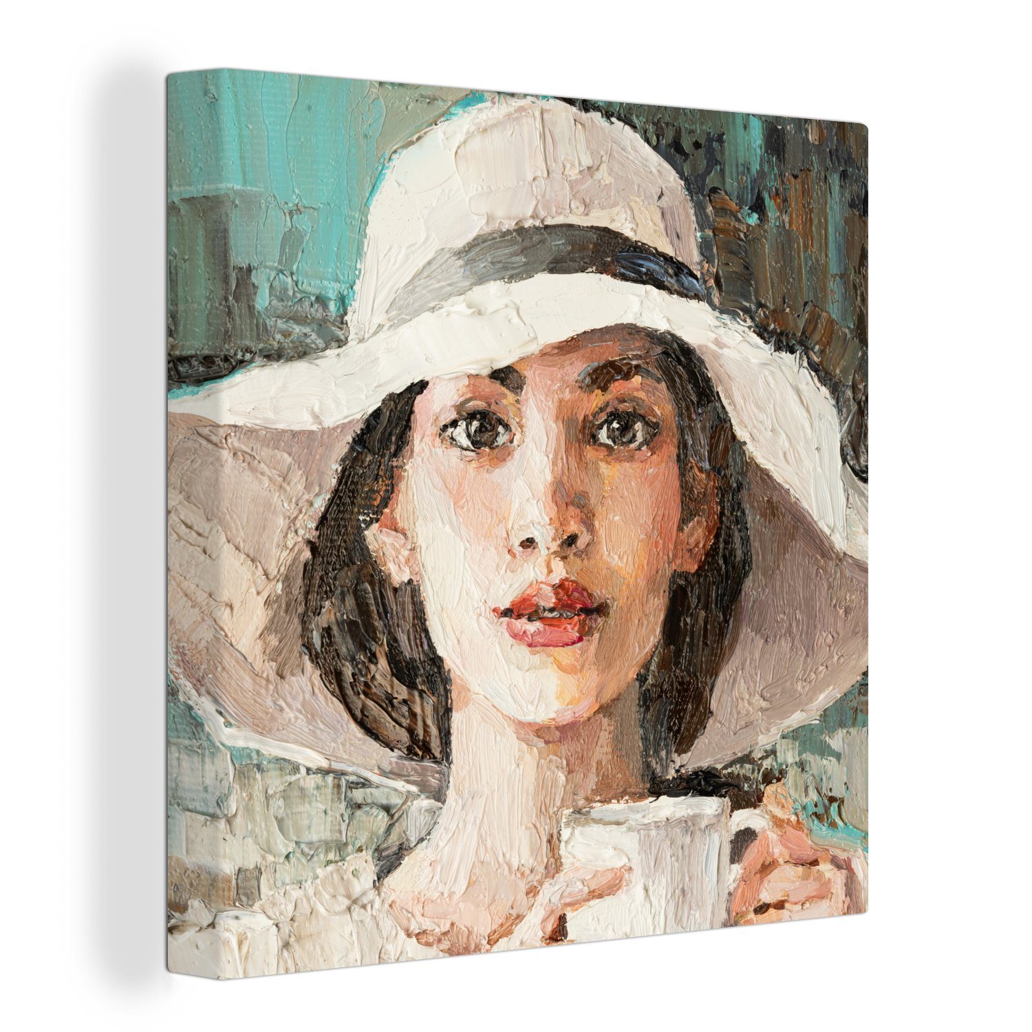 OneMillionCanvasses® Gemälde Gemälde - Ölfarbe - Frau - Kaffee - Hut, (1 St), Leinwand Bilder für Wohnzimmer Schlafzimmer
