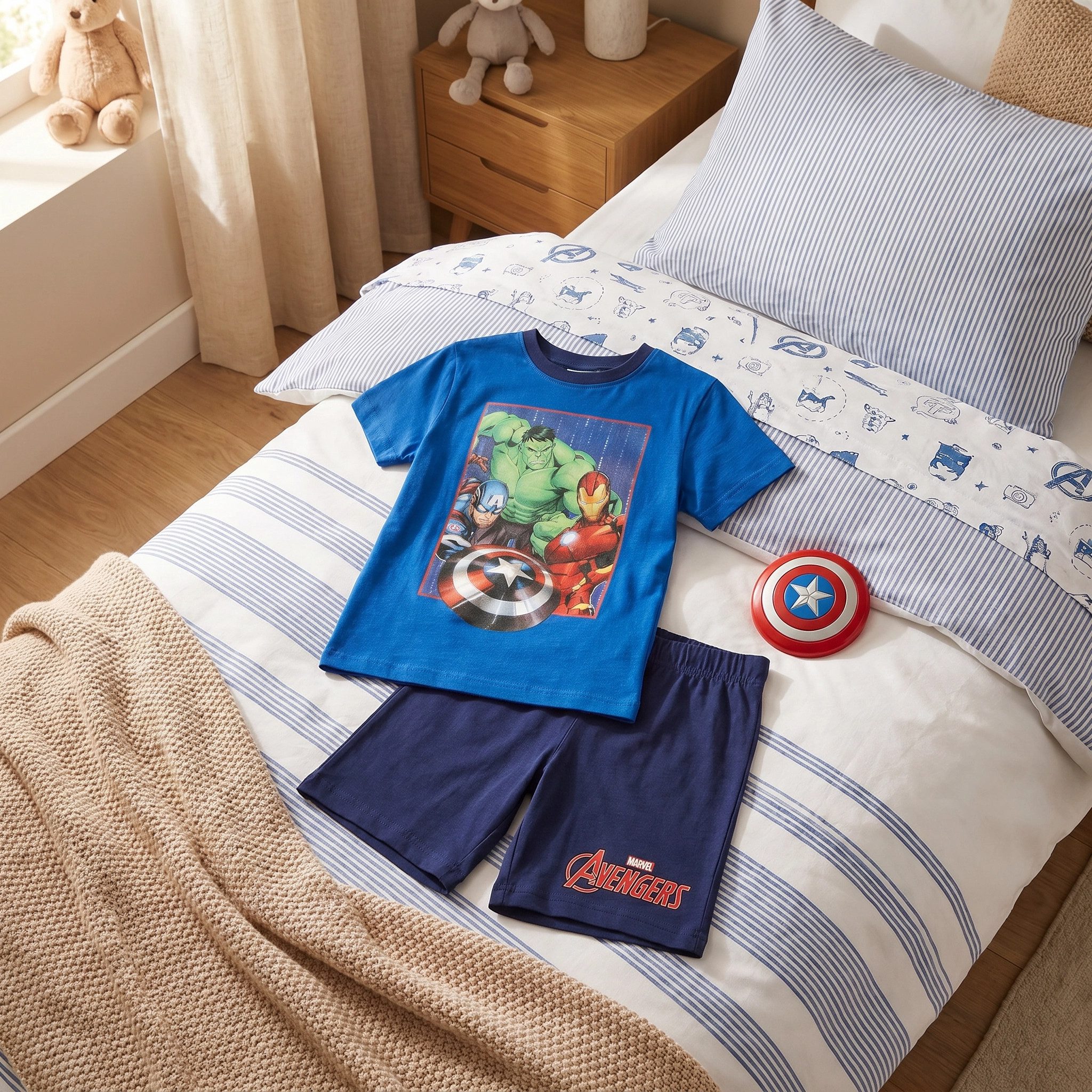 MARVEL Schlafanzug Marvel Avengers Jungen Schlafanzug Pyjama Shirt Shorts (1 tlg) Gr. 98 bis 128 - 100% Baumwolle