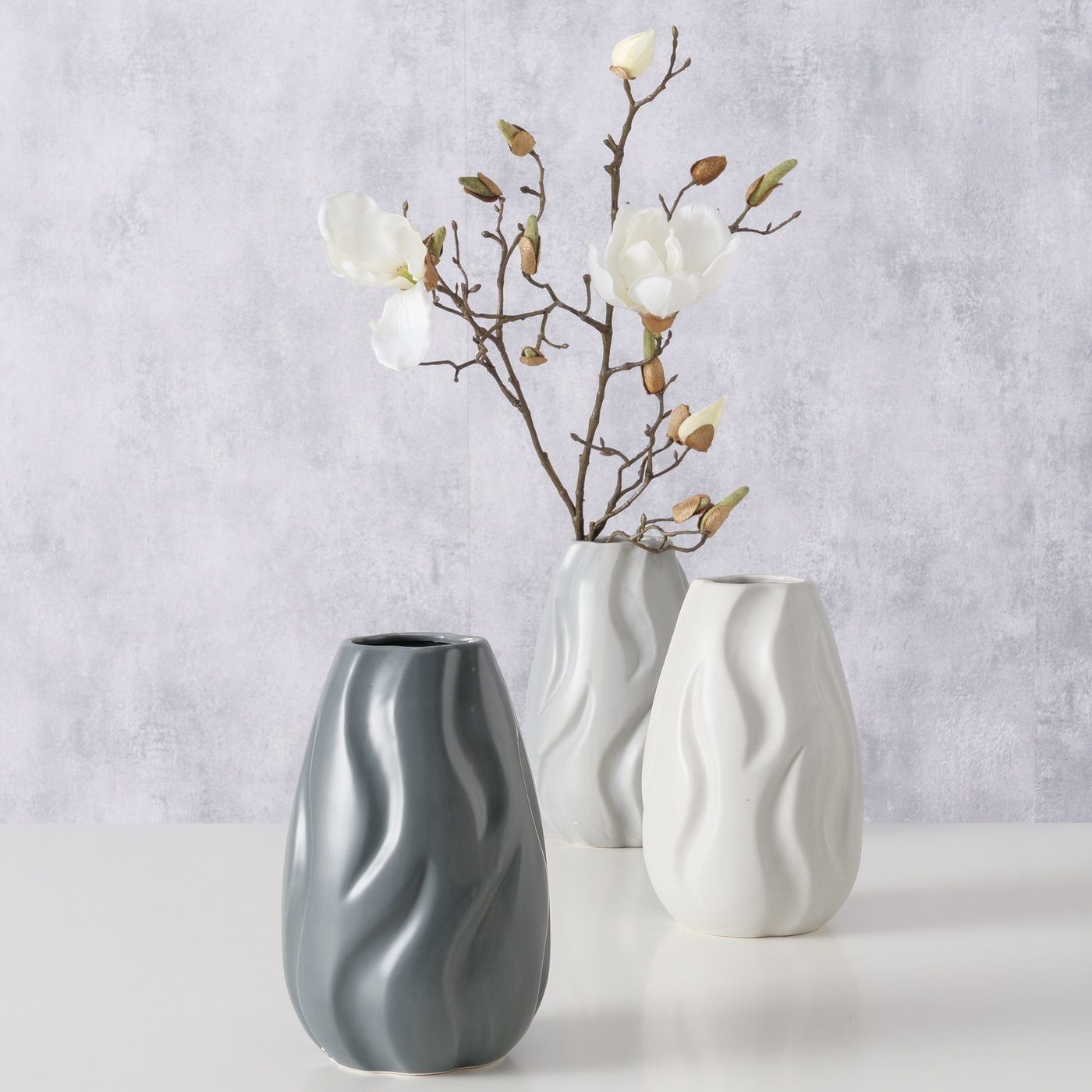 BOLTZE Dekovase 3er Set "Mojar" aus Keramik in grau/weiß, Vase Blumenvase (3 St)