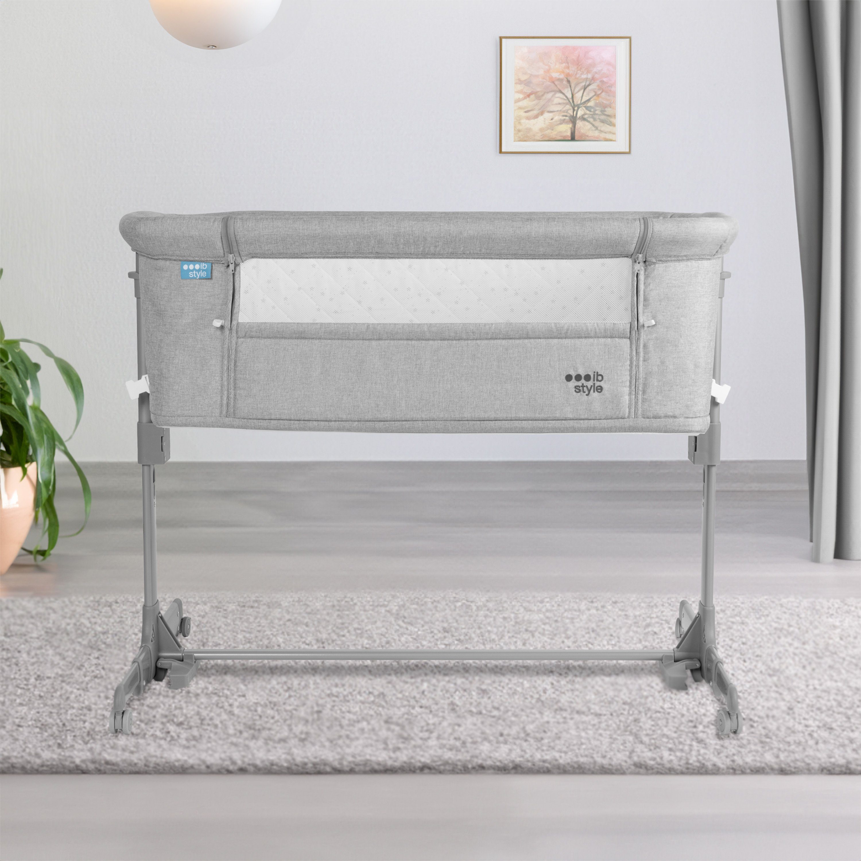 ib style Kinderbett Aluna 2 in 1 Babybett Grau, Inkl. Matratze / Moskitonetz / Transporttasche - Höhenverstellbar