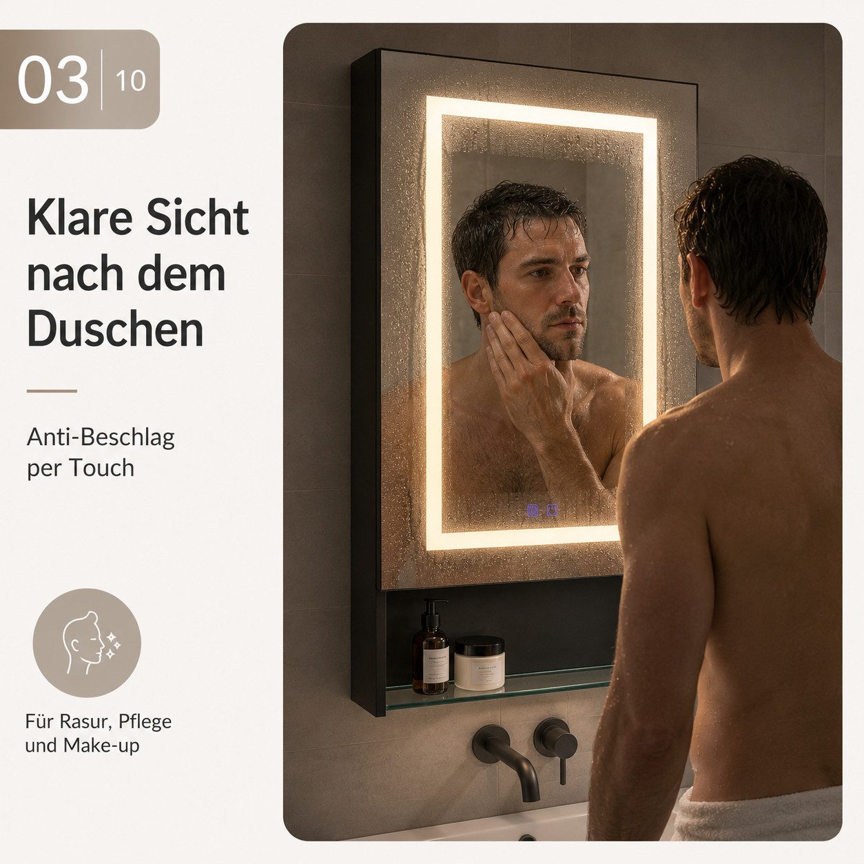 Simurq Badezimmerspiegelschrank LED Spiegelschrank 50 cm schwarz 1-türig Anti-Beschlag (Einzelartikel, 1-St., 1 Spiegelschrank) 3 Lichtfarben, offene Glasablage – Bild 5 von 5