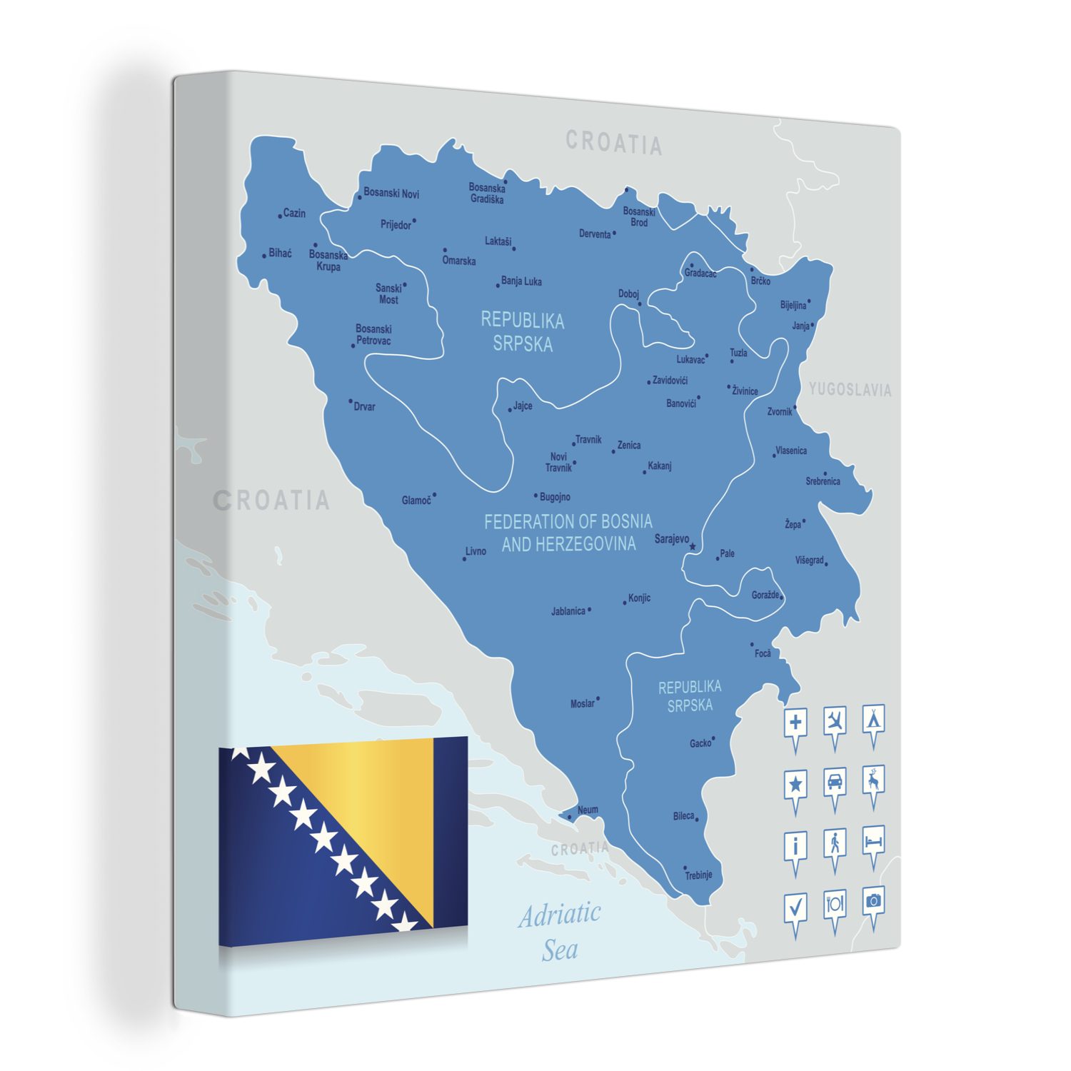 OneMillionCanvasses® Leinwandbild Illustration von Bosnien und Herzegowina in Blau, (1 St), Leinwand Bilder für Wohnzimmer Schlafzimmer