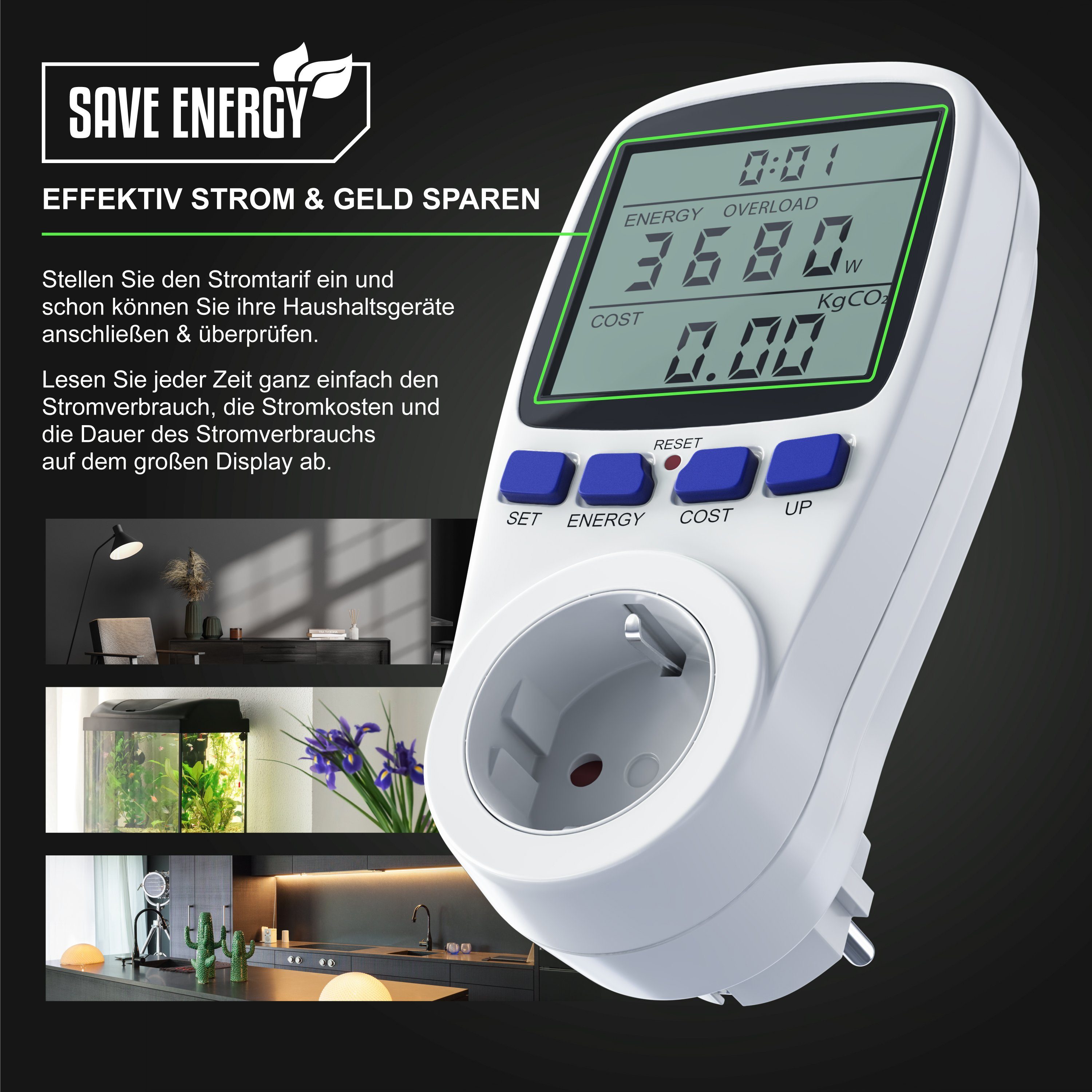 CSL Energiekostenmessgerät Energiekosten Anzeige, Energiemessgerät mit Berührungsschutz, 3680W, 1-tlg., Strommessgerät, mit Back up Batterien, 2,7 Zoll Display  – Bild 5 von 5