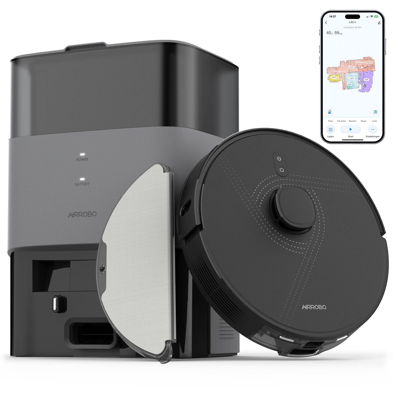 AIRROBO Влажно-сухой вакуумный робот T20+, 2600Pa, 180 Minuten Laufzeit, mit Wischfunktion, Absaugstation, 36 W