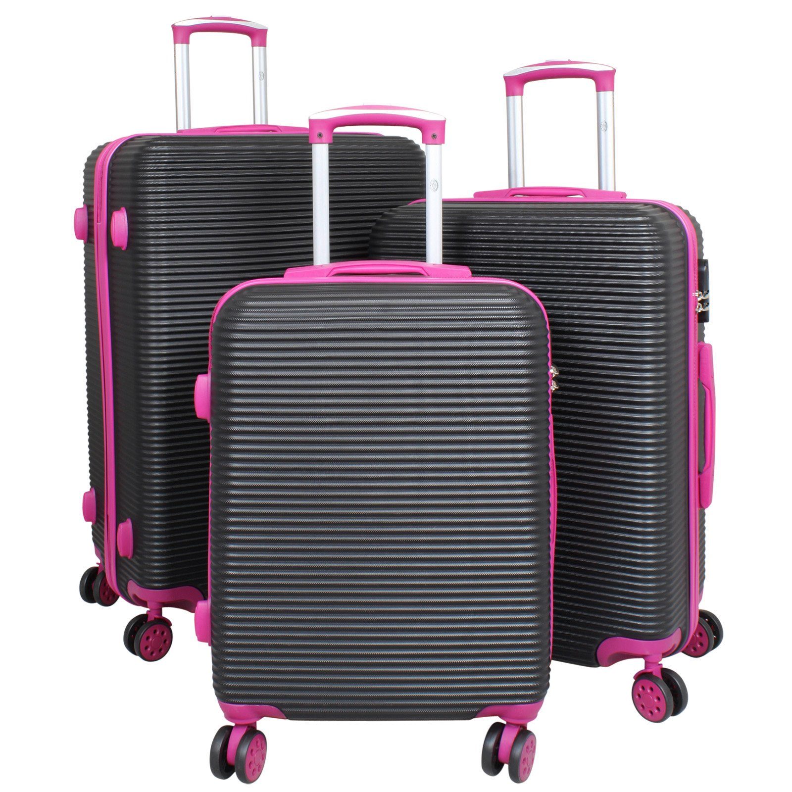 Trendyshop365 Kofferset Santorin, 4 Rollen, (Trolley, 3 tlg., Hartschale (ABS), Zwillingsrollen, Zahlenschloss, 2 Tragegriffe, robust und leicht schwarz-pink