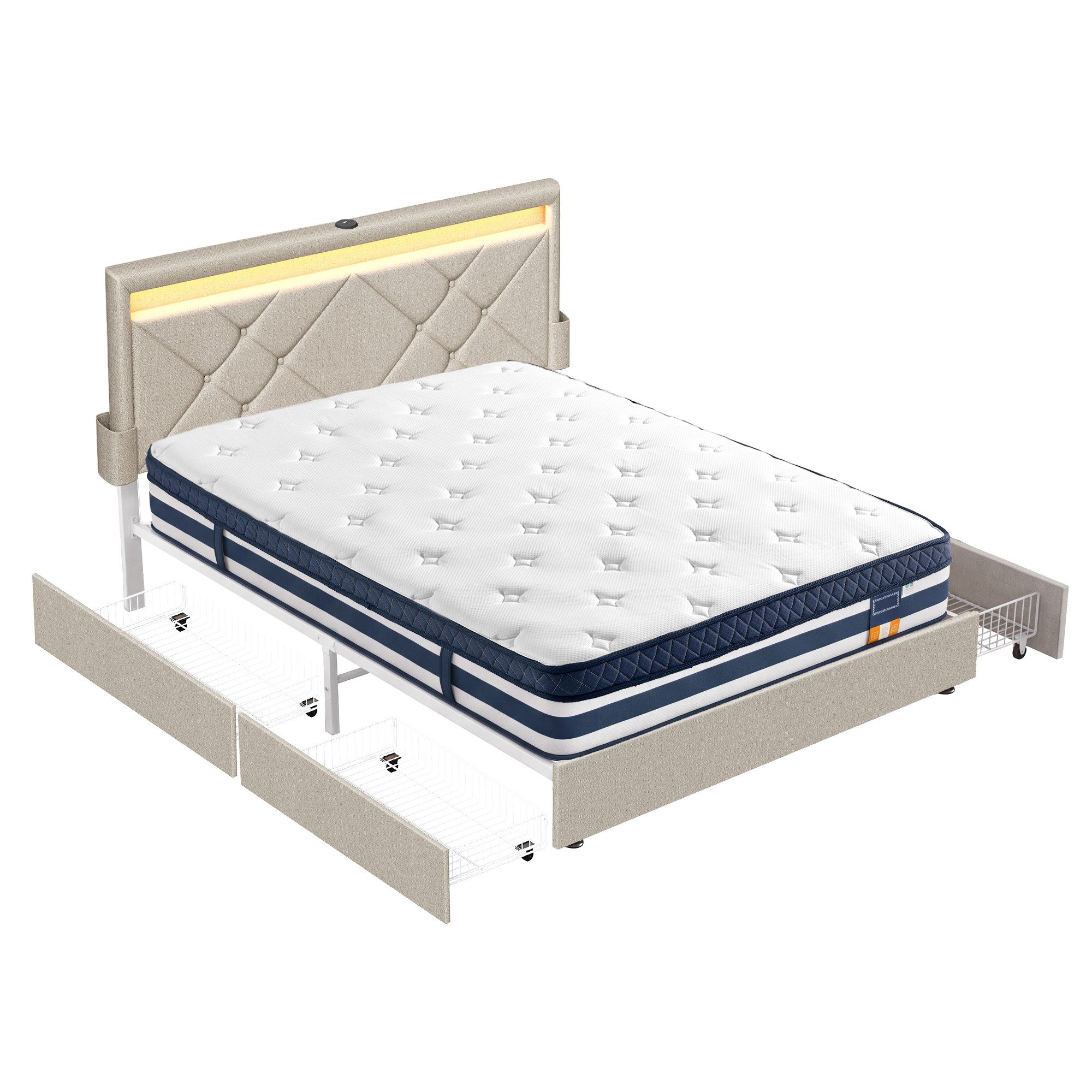 VASAGLE Polsterbett inkl. ergonomischer Matratze, mit LED(25 Farben), USB, 4 Schubladen, 140x200 cm, 4 Schubladen, USB, H3