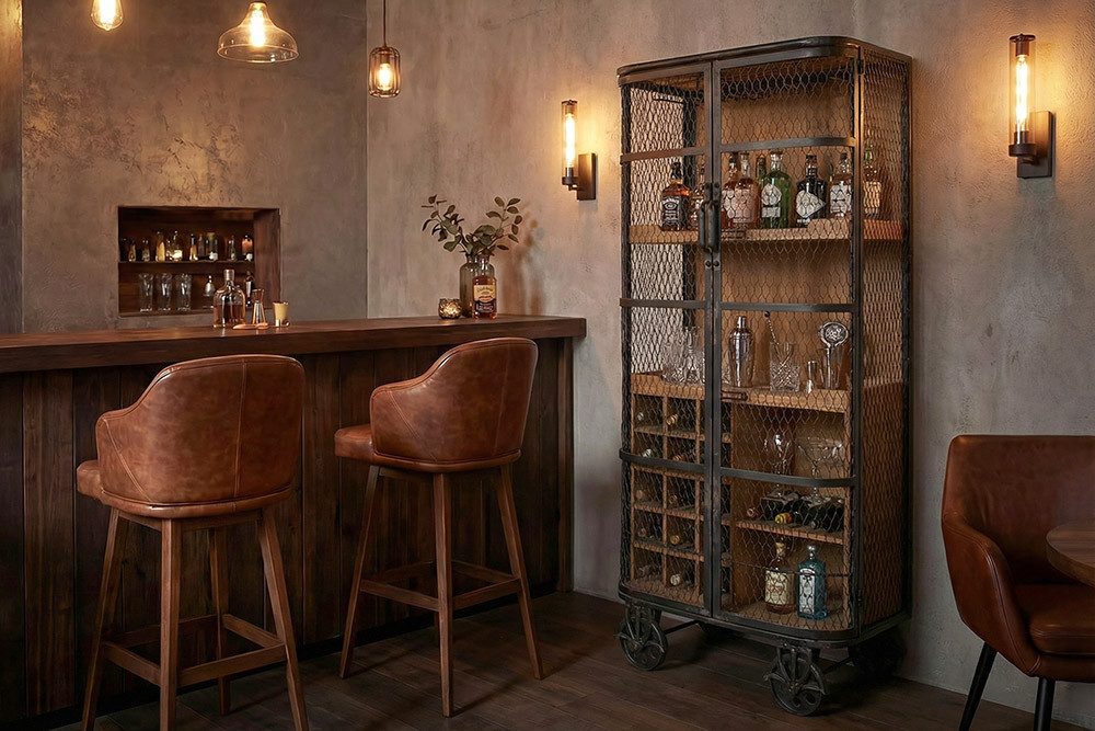 riess-ambiente Barschrank LOFT 150cm natur - Pinienholz, Metall, Weinregal inkl. Fächern (Einzelartikel, 1-St) Möbelstück mit Stauraum & Rollen – ideal für Dein Industrial Design