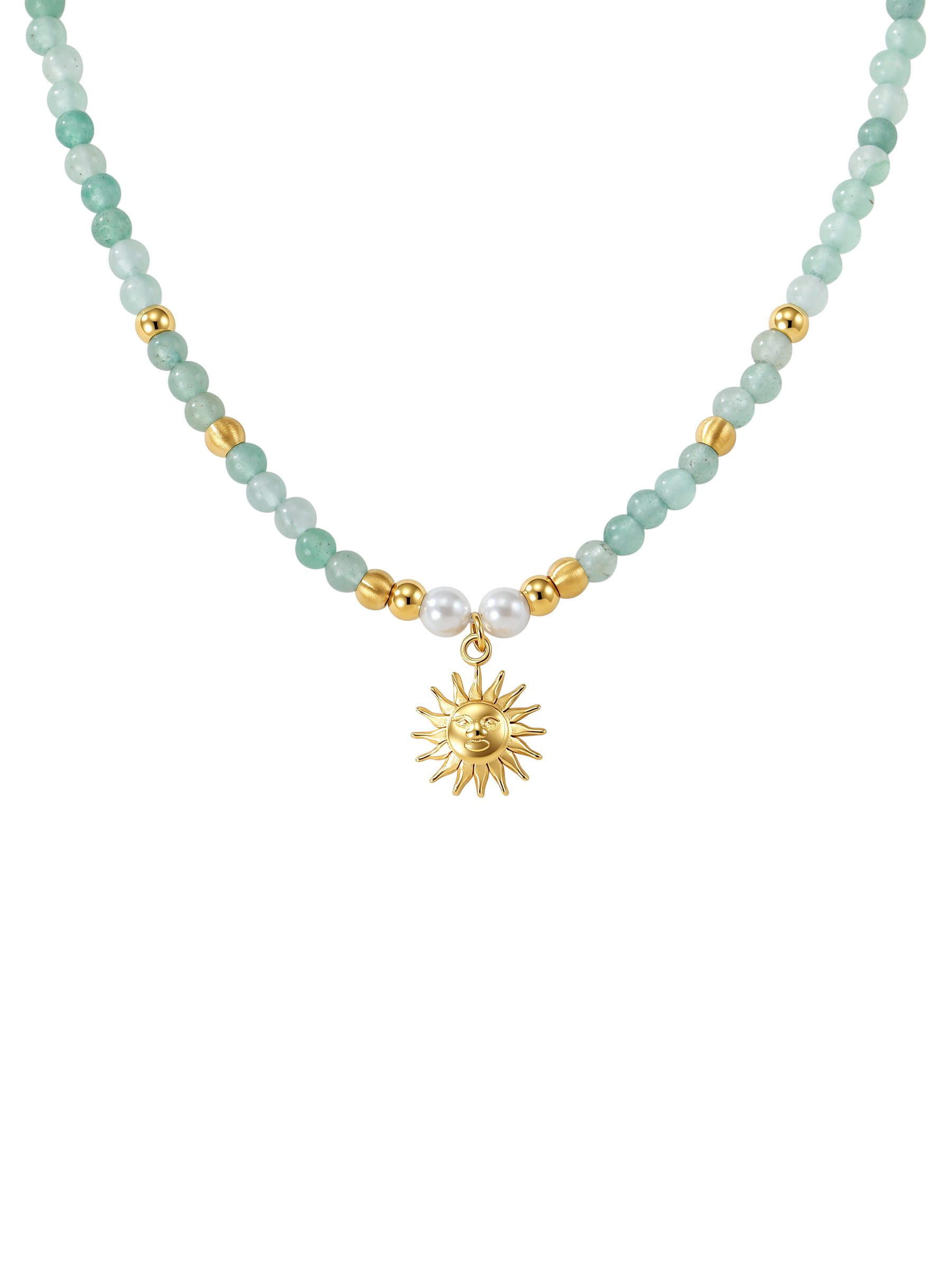 Hey Happiness Perlenkette mit Sonnenanhänger – Edelstahl Damen Halskette vergoldet, verstellbarer Boho-Schmuck für Alltag & Sommer