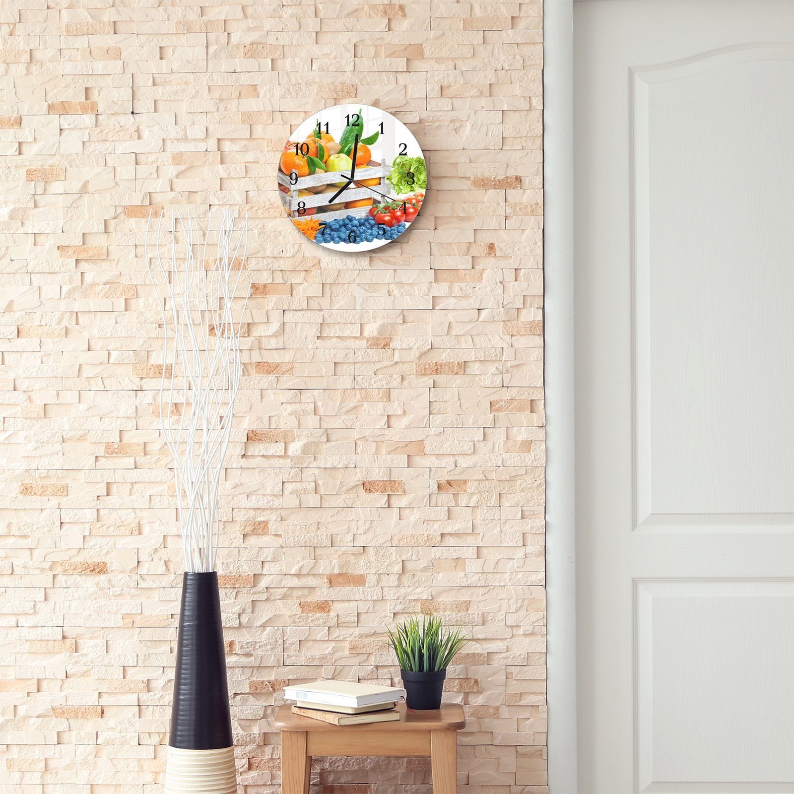 Rund mit und Durchmesser mit aus in 30 Wanduhr Wanduhr Kiste Motiv cm Glas Primedeco - Quarzuhrwerk Früchte