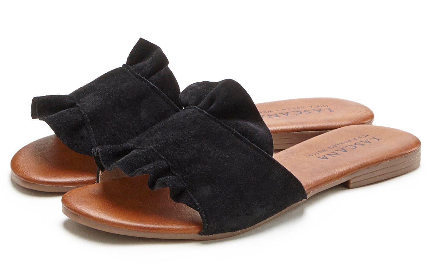 Mule, Schuh LASCANA Leder schwarz offener Pantolette weichem Sandale, aus