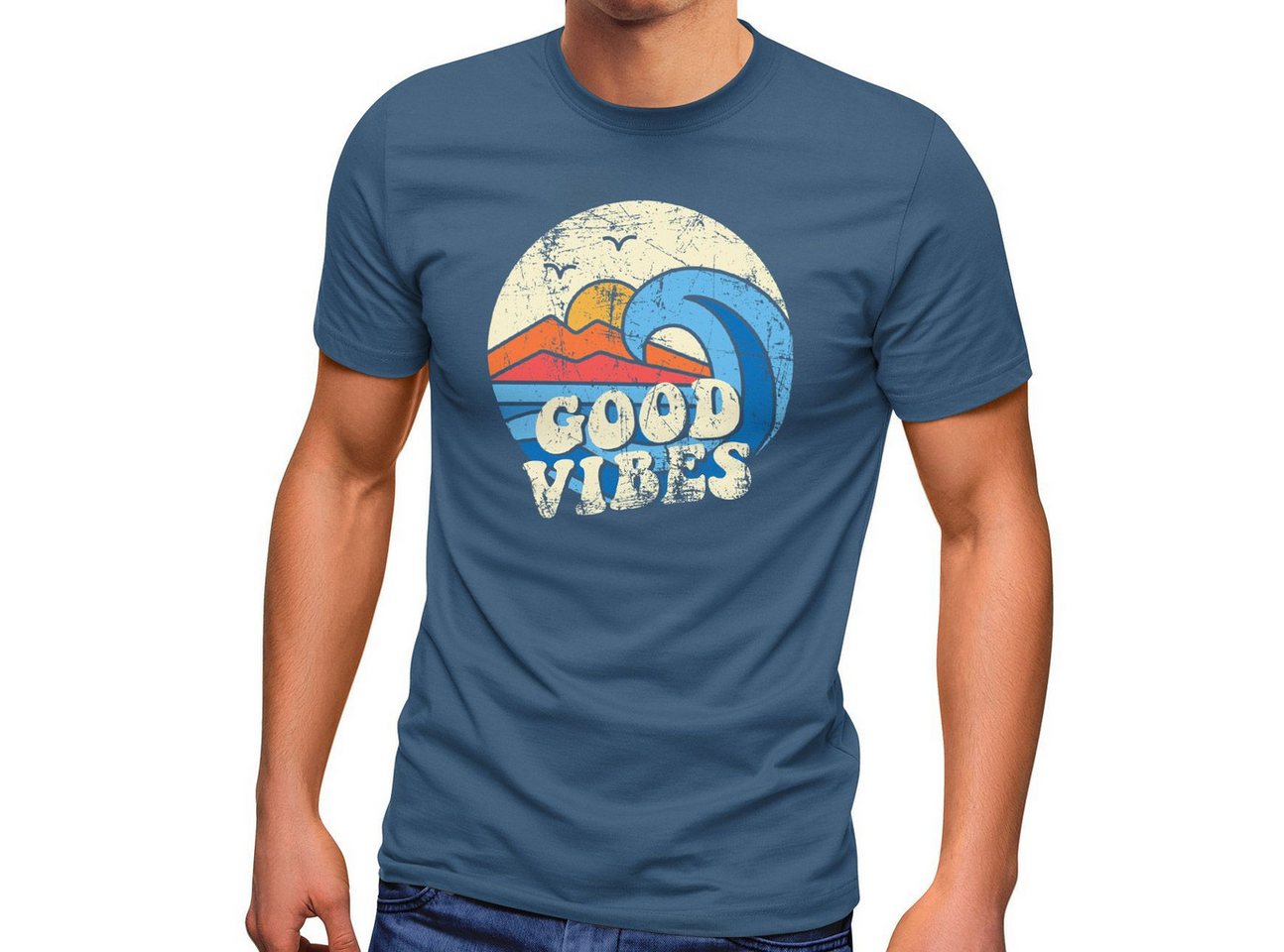 Neverless Print-Shirt Herren T-Shirt Good Vibes Welle Hippie Slogan Statement Surf Design mit Print