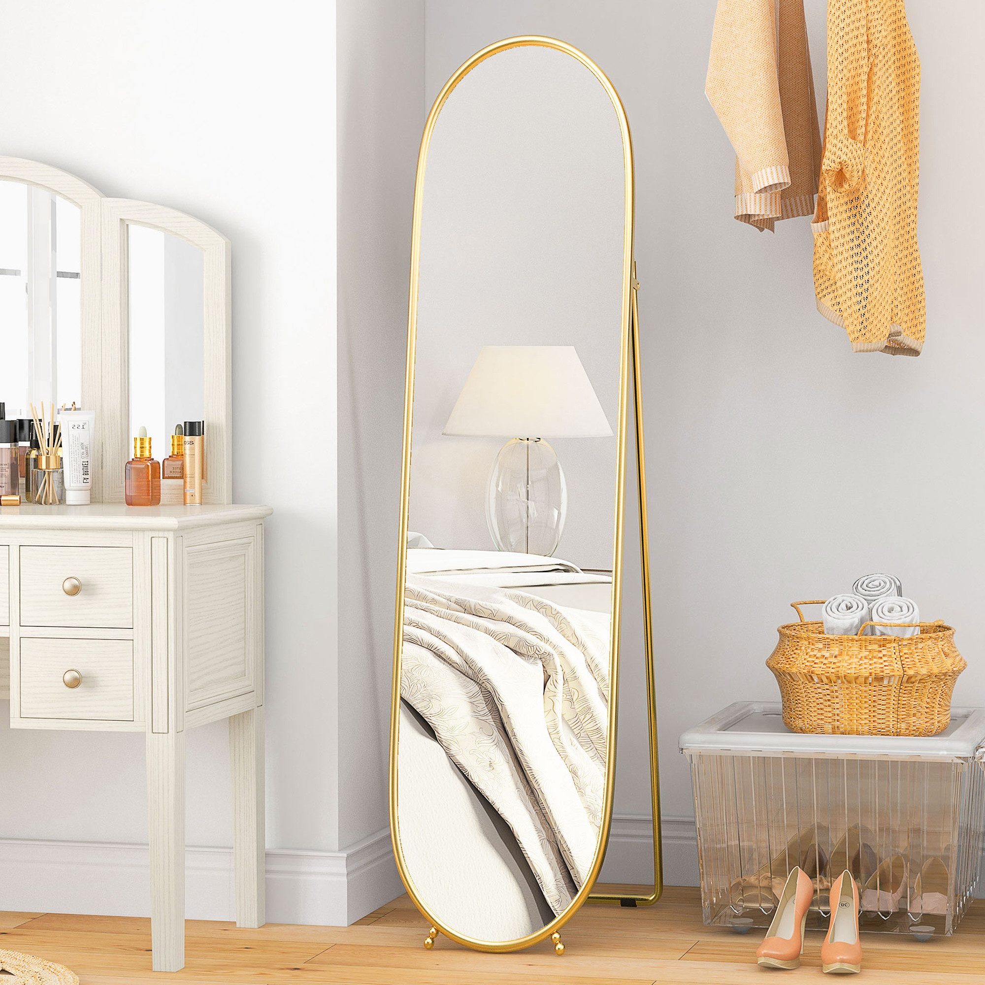 HOMCOM Standspiegel Ganzkörperspiegel mit Ständer, Metallrahmen, Oval (Garderobenspiegel, 1-St., Wandspiegel), für Wohnzimmer, Schlafzimmer, Gold