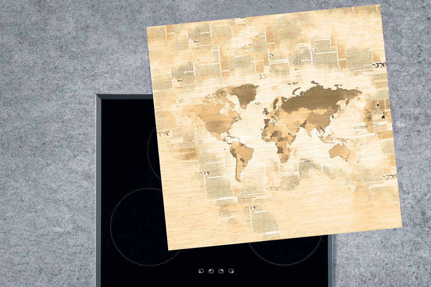 Weltkarte Arbeitsplatte Ceranfeldabdeckung, küche - 78x78 Vinyl, - cm, Vintage MuchoWow Herdblende-/Abdeckplatte für Zeitungsdruck, (1 tlg),